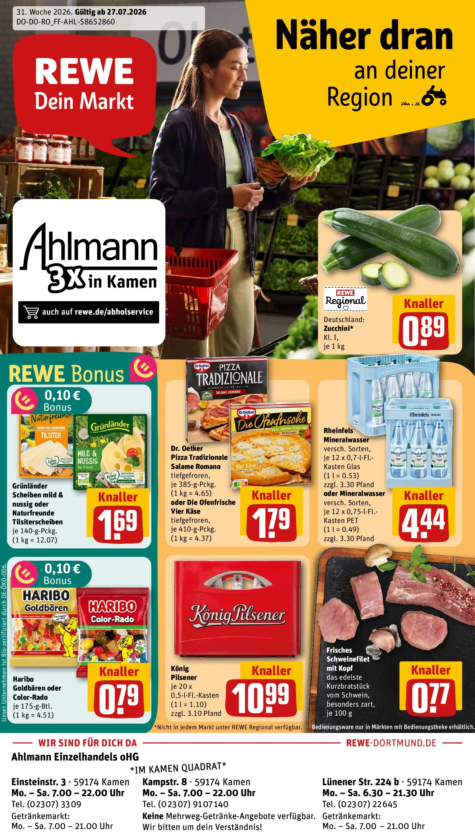 REWE Prospekt ab 27.07.2026 zum Blättern » Angebote | Seite: 1 | Produkte: Ofenfrische, Mineralwasser, Schweinefilet, Pizza