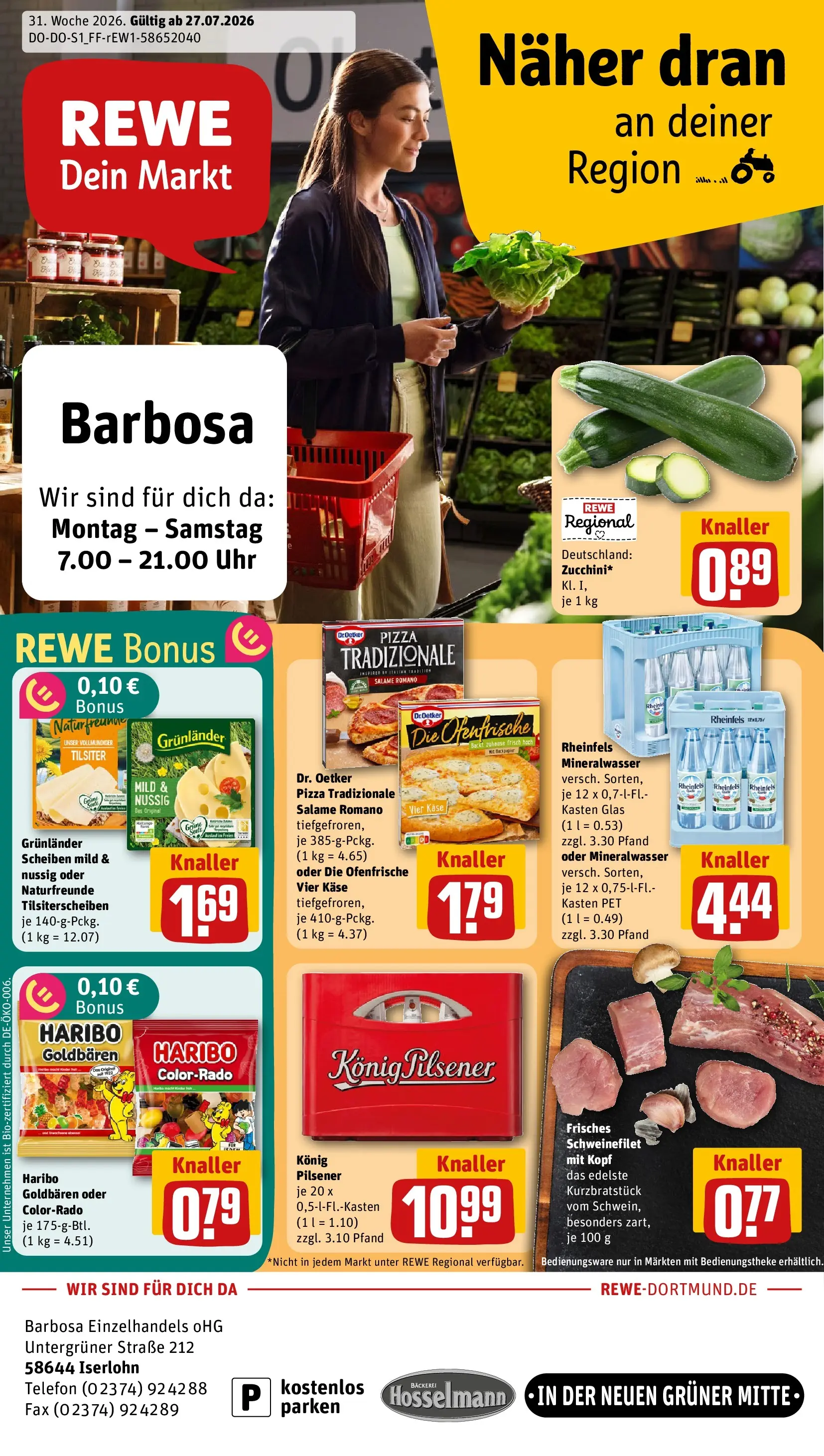 REWE Prospekt ab 27.07.2026 zum Blättern » Angebote | Seite: 1 | Produkte: Bäckerei, Grunlander, Telefon, Uhr