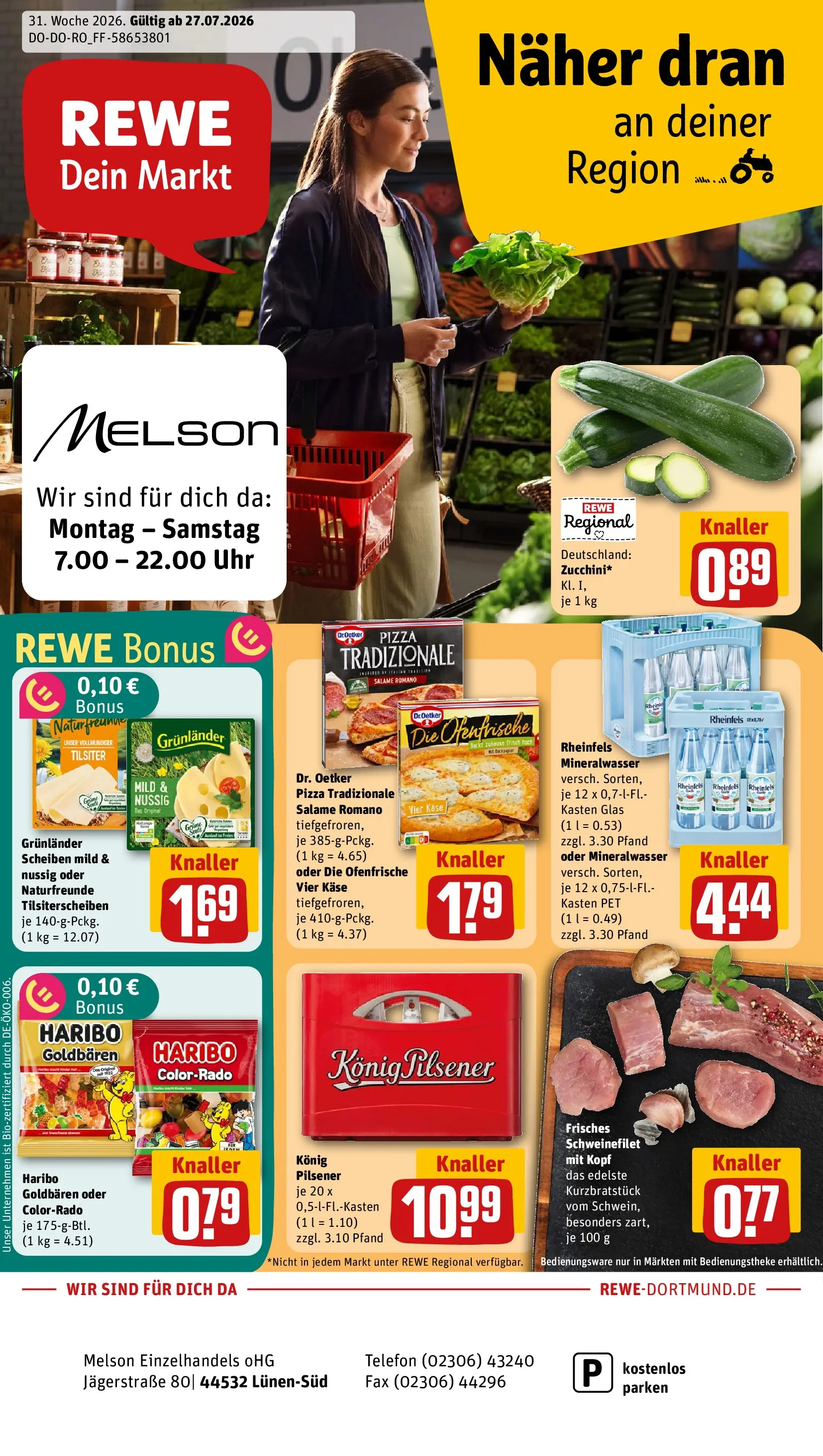 REWE Prospekt ab 27.07.2026 zum Blättern » Angebote | Seite: 1 | Produkte: Käse, Mineralwasser, Schweinefilet, Pizza
