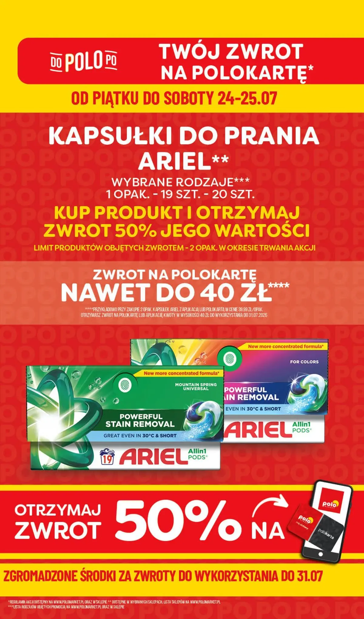 Nowa POLOmarket gazetka od jutra 24.07.2026 | Strona: 1 | Produkty: Ariel, Kapsułki do prania