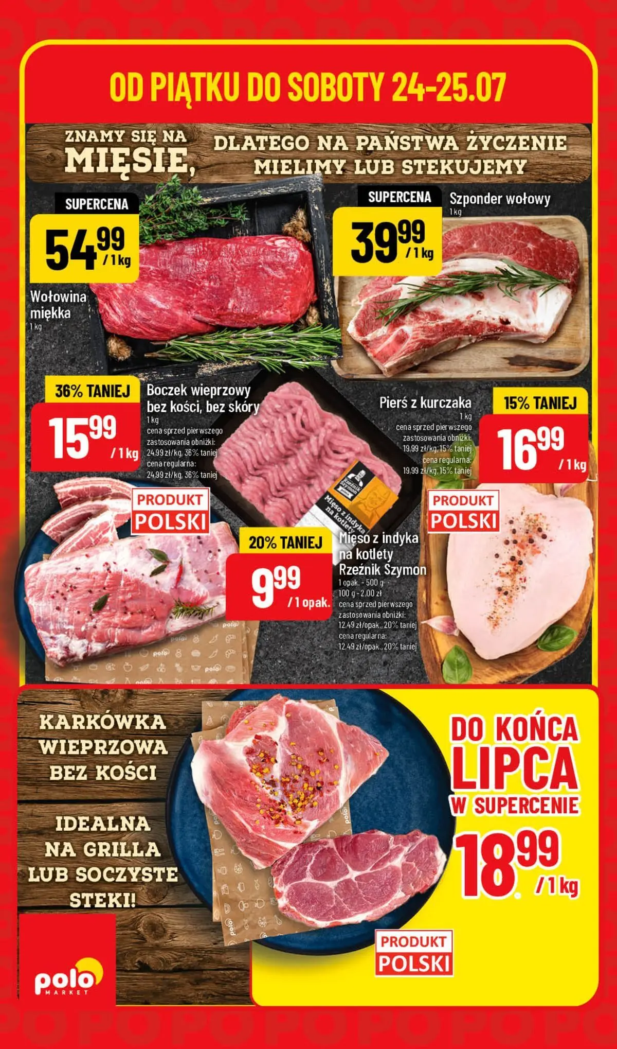 Nowa POLOmarket gazetka od jutra 24.07.2026 | Strona: 4 | Produkty: Karkówka, Steki, Mięso z indyka, Kotlety