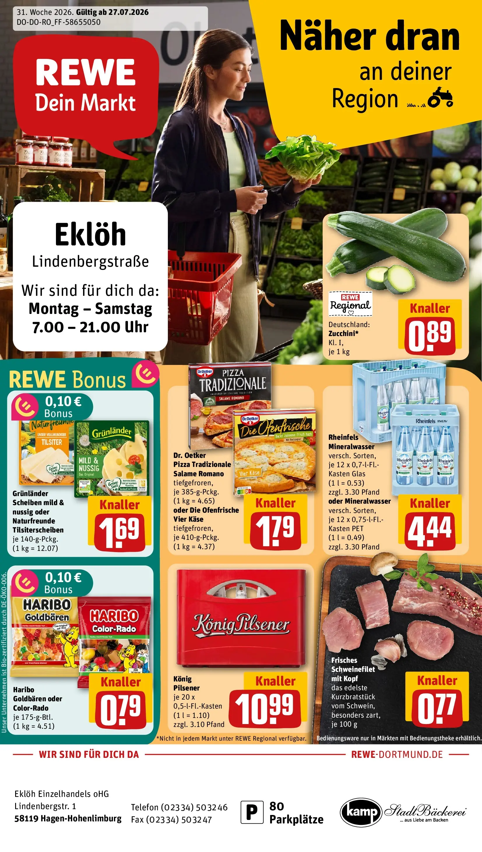REWE Prospekt ab 27.07.2026 zum Blättern » Angebote | Seite: 1 | Produkte: Haribo, Ofenfrische, Mineralwasser, Schweinefilet