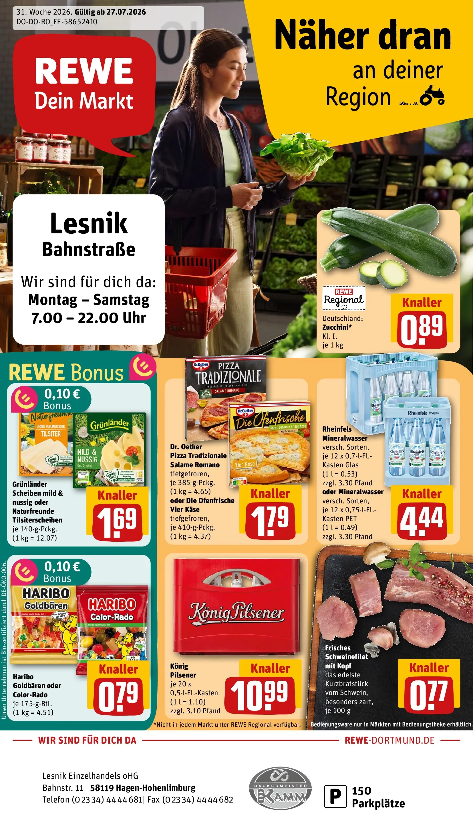 REWE Prospekt ab 27.07.2026 zum Blättern » Angebote | Seite: 1 | Produkte: Ofenfrische, Mineralwasser, Pizza, Uhr