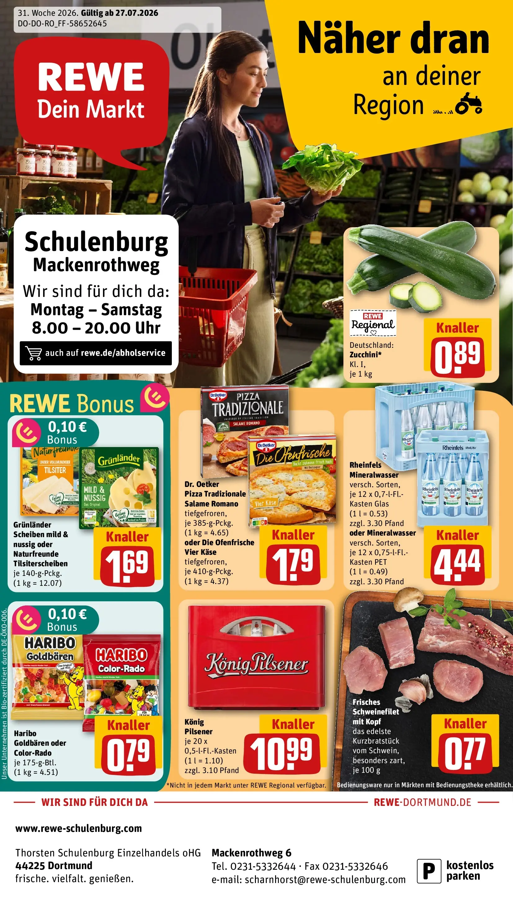 REWE Prospekt ab 27.07.2026 zum Blättern » Angebote | Seite: 1 | Produkte: Ofenfrische, Grunlander, Pizza, Uhr