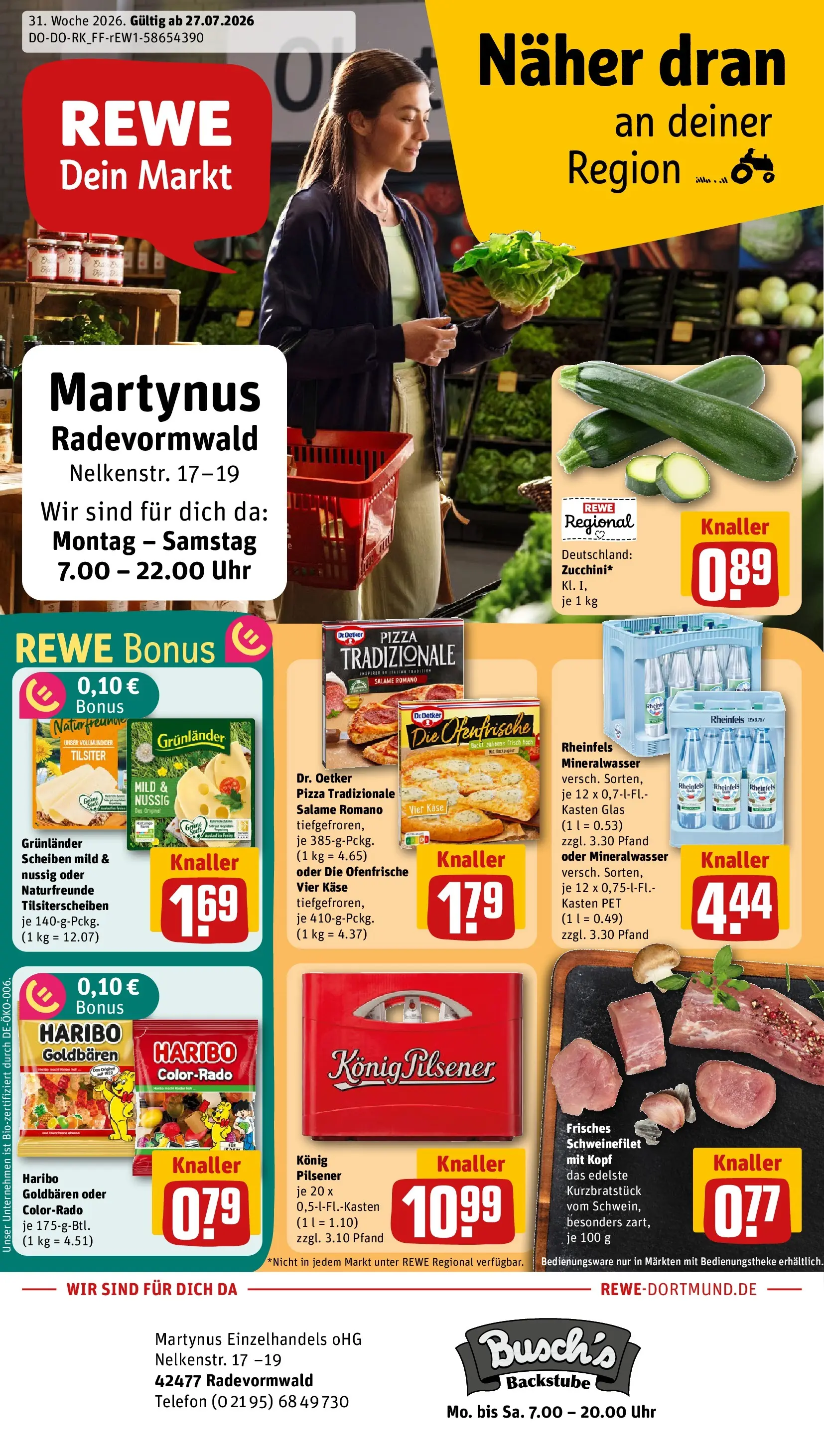 REWE Prospekt ab 27.07.2026 zum Blättern » Angebote | Seite: 1 | Produkte: Schweinefilet, Grunlander, Telefon, Uhr