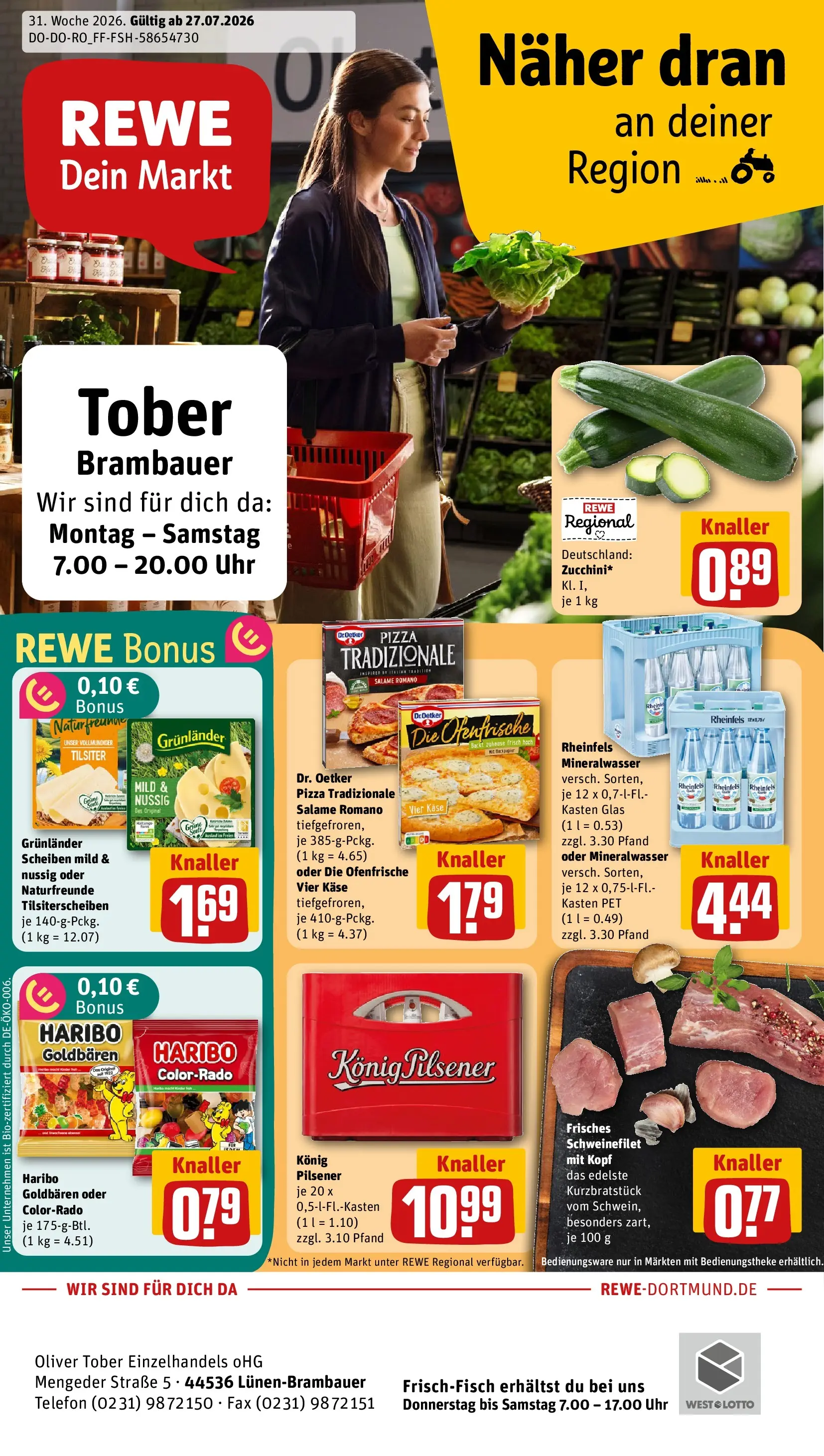 REWE Prospekt ab 27.07.2026 zum Blättern » Angebote | Seite: 1 | Produkte: Käse, Ofenfrische, Mineralwasser, Grunlander