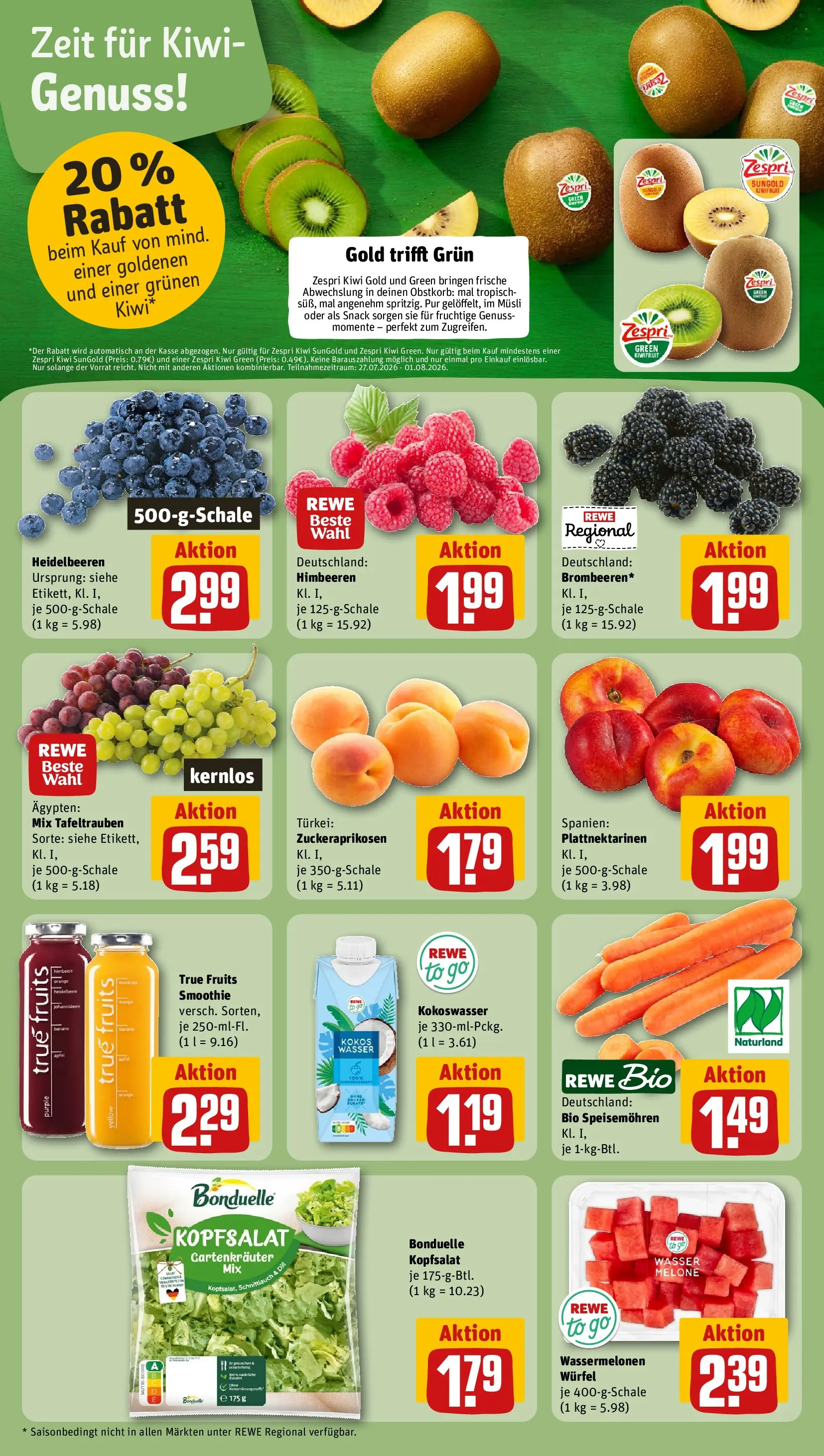 REWE Prospekt ab 27.07.2026 zum Blättern » Angebote | Seite: 4 | Produkte: Musli, Wasser, Melone, Kiwi