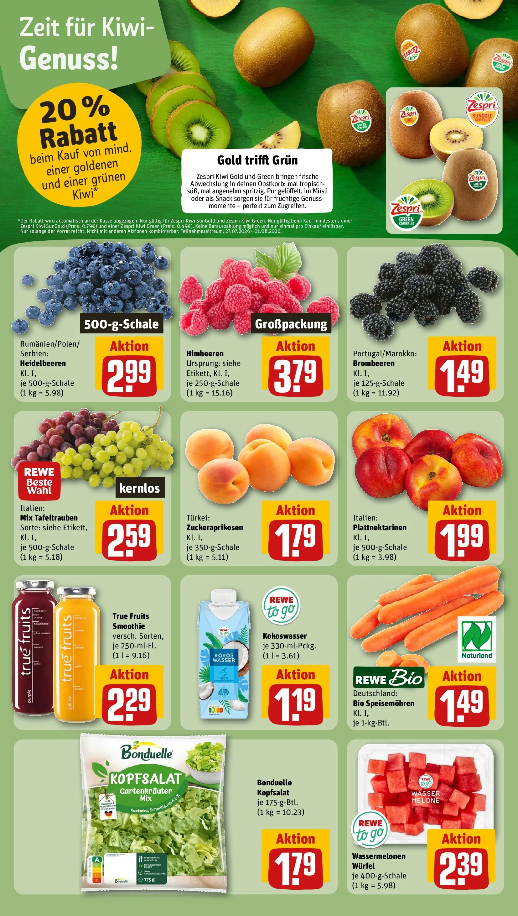 REWE Prospekt ab 27.07.2026 zum Blättern » Angebote | Seite: 4 | Produkte: Musli, Äpfel, Wasser, Melone