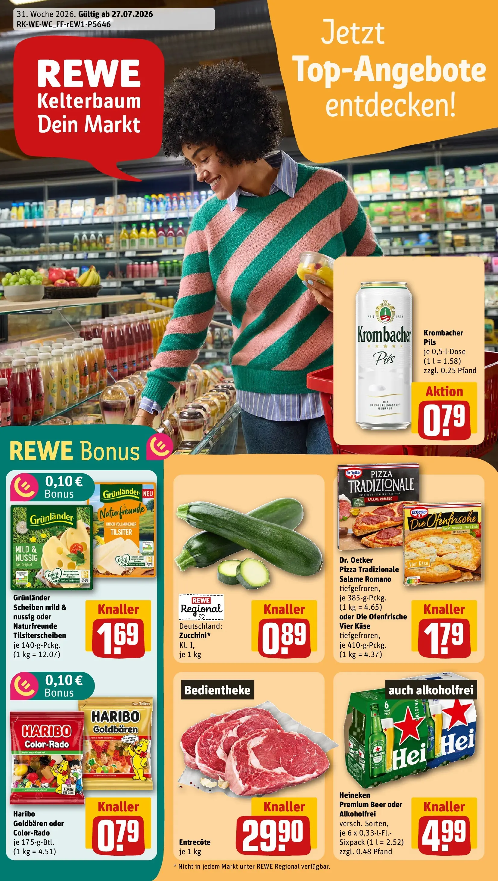 REWE Prospekt ab 27.07.2026 zum Blättern » Angebote | Seite: 1 | Produkte: Pils, Entrecote, Grunlander, Krombacher