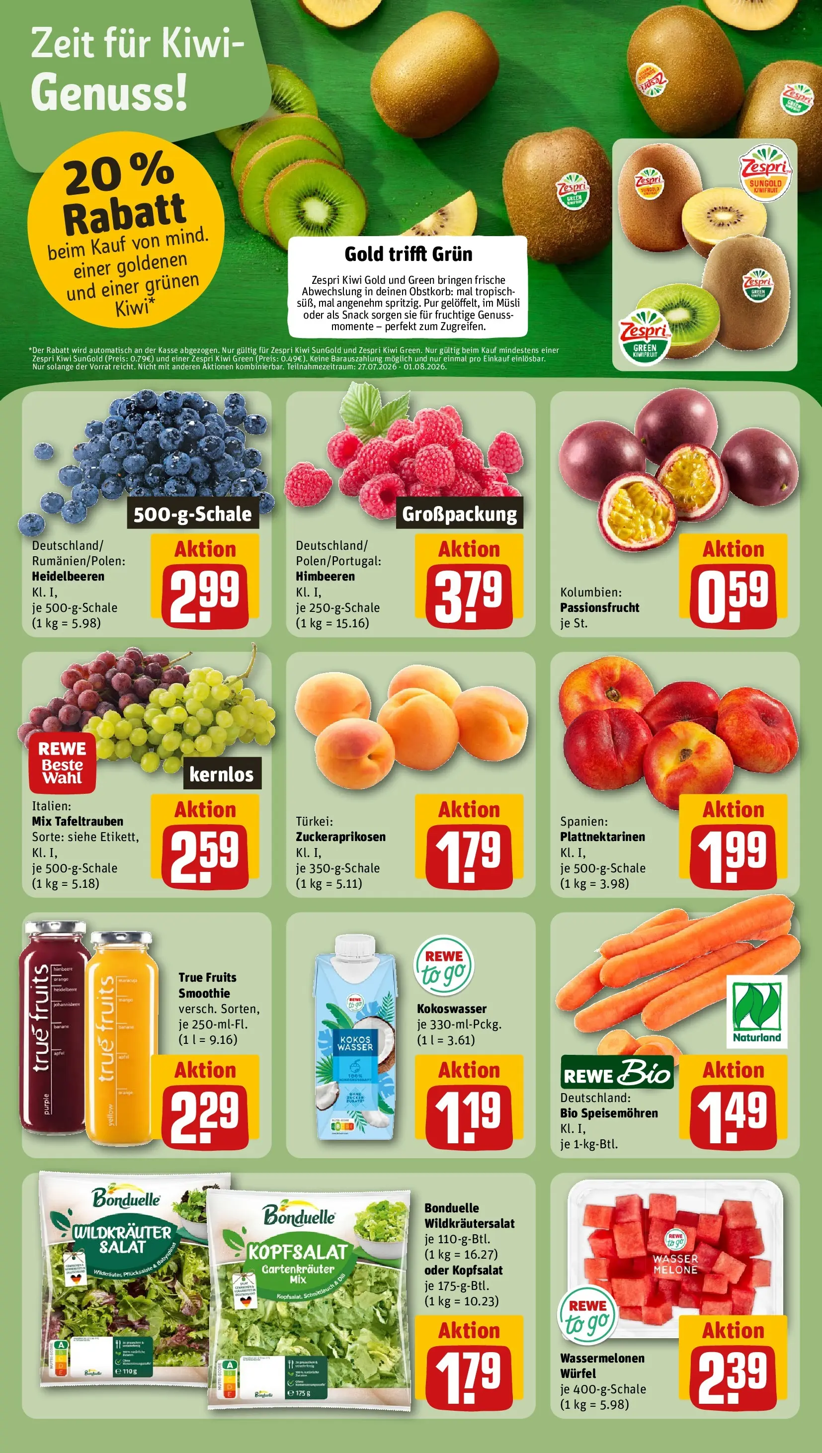 REWE Prospekt ab 27.07.2026 zum Blättern » Angebote | Seite: 4 | Produkte: Äpfel, Heidelbeeren, Melone, Himbeere