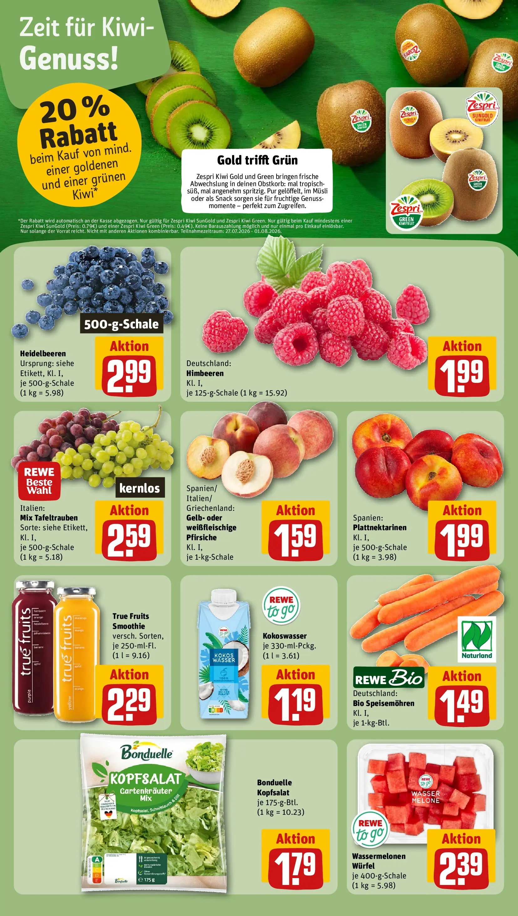 REWE Prospekt ab 27.07.2026 zum Blättern » Angebote | Seite: 4 | Produkte: Musli, Himbeeren, Melone, Kiwi