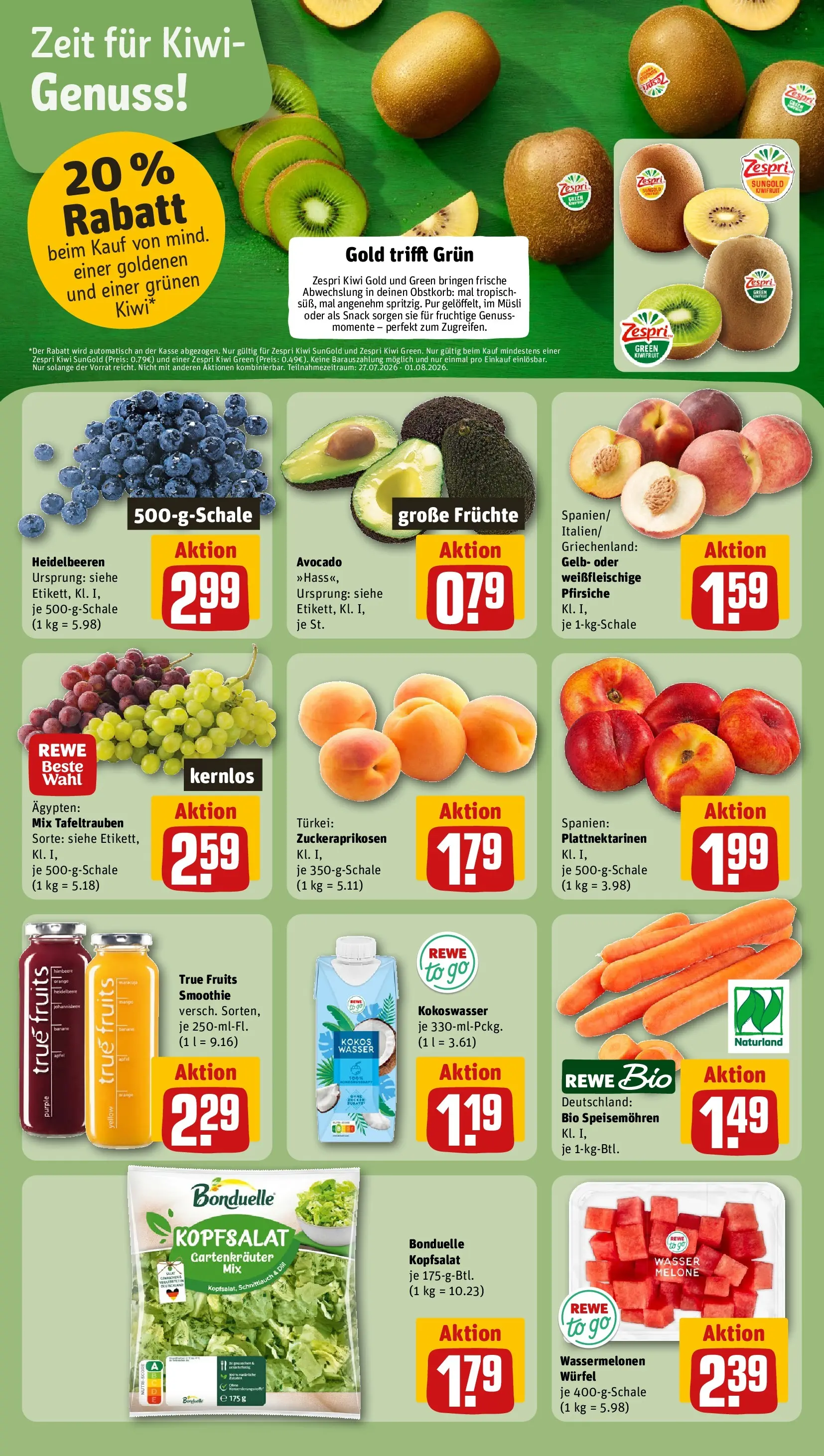 REWE Prospekt ab 27.07.2026 zum Blättern » Angebote | Seite: 4 | Produkte: Äpfel, Melone, Kiwi, Salat