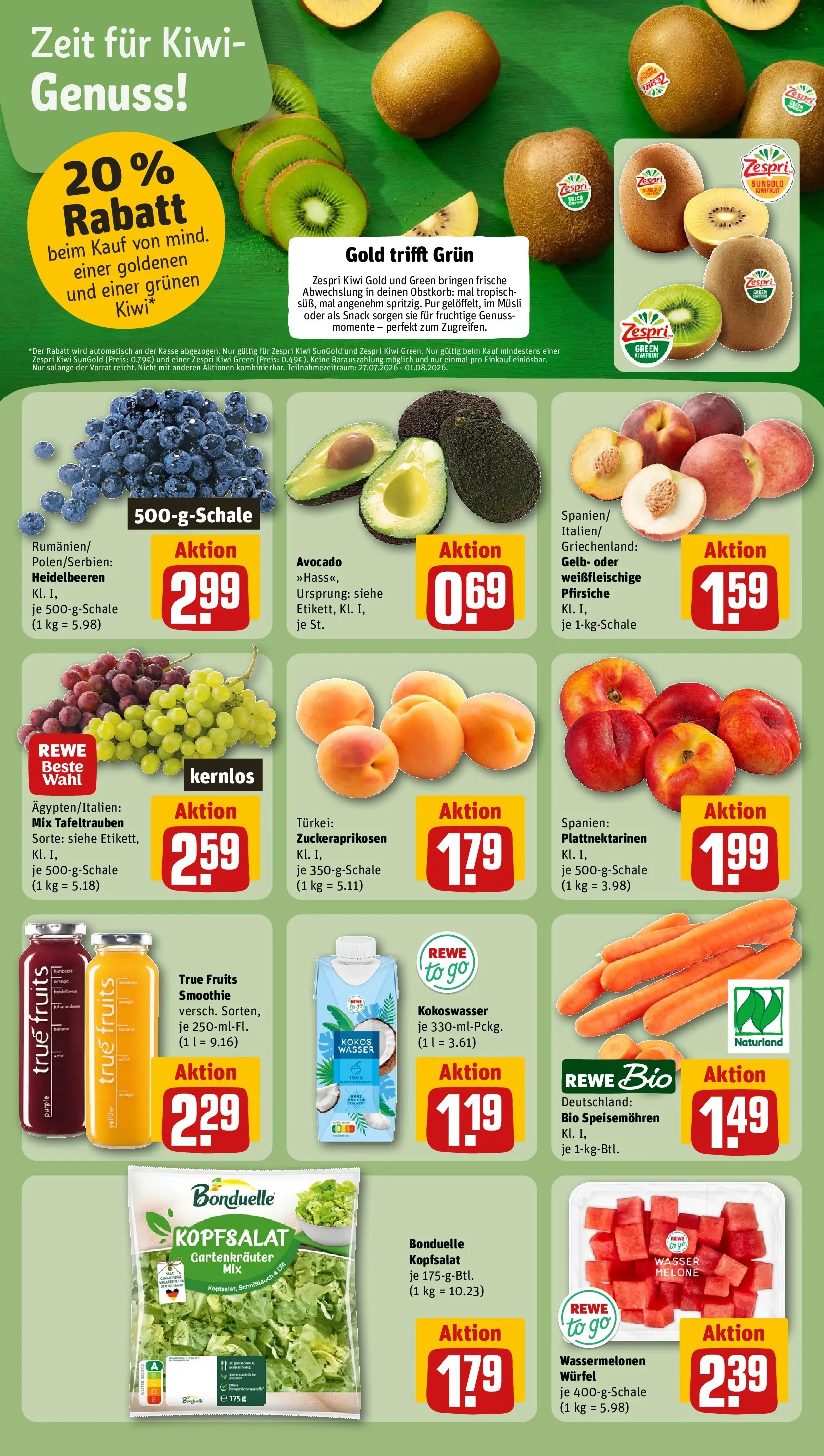 REWE Prospekt ab 27.07.2026 zum Blättern » Angebote | Seite: 4 | Produkte: Äpfel, Heidelbeeren, Wasser, Salat