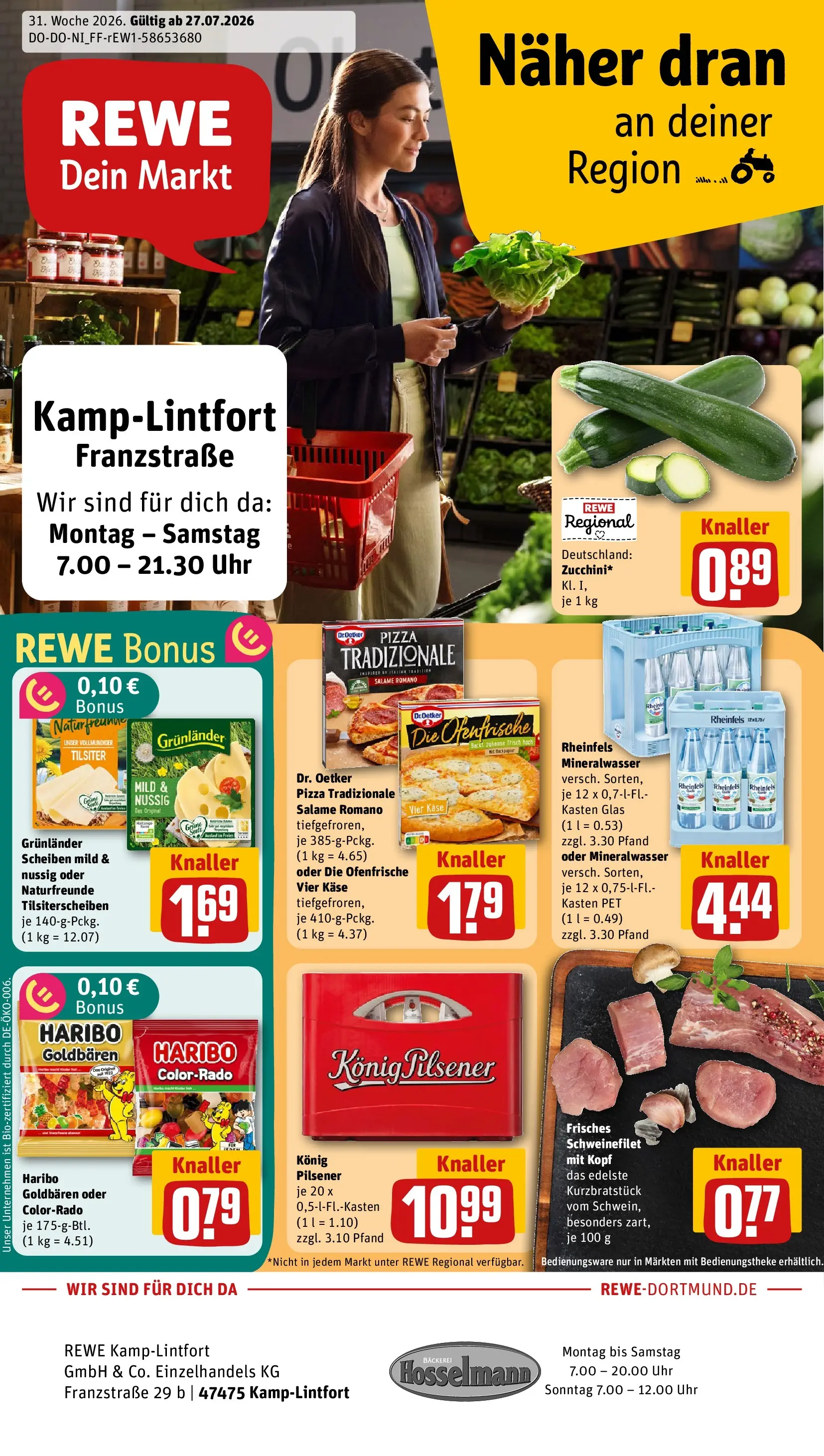REWE Prospekt ab 27.07.2026 zum Blättern » Angebote | Seite: 1 | Produkte: Bäckerei, Mineralwasser, Pizza, Uhr