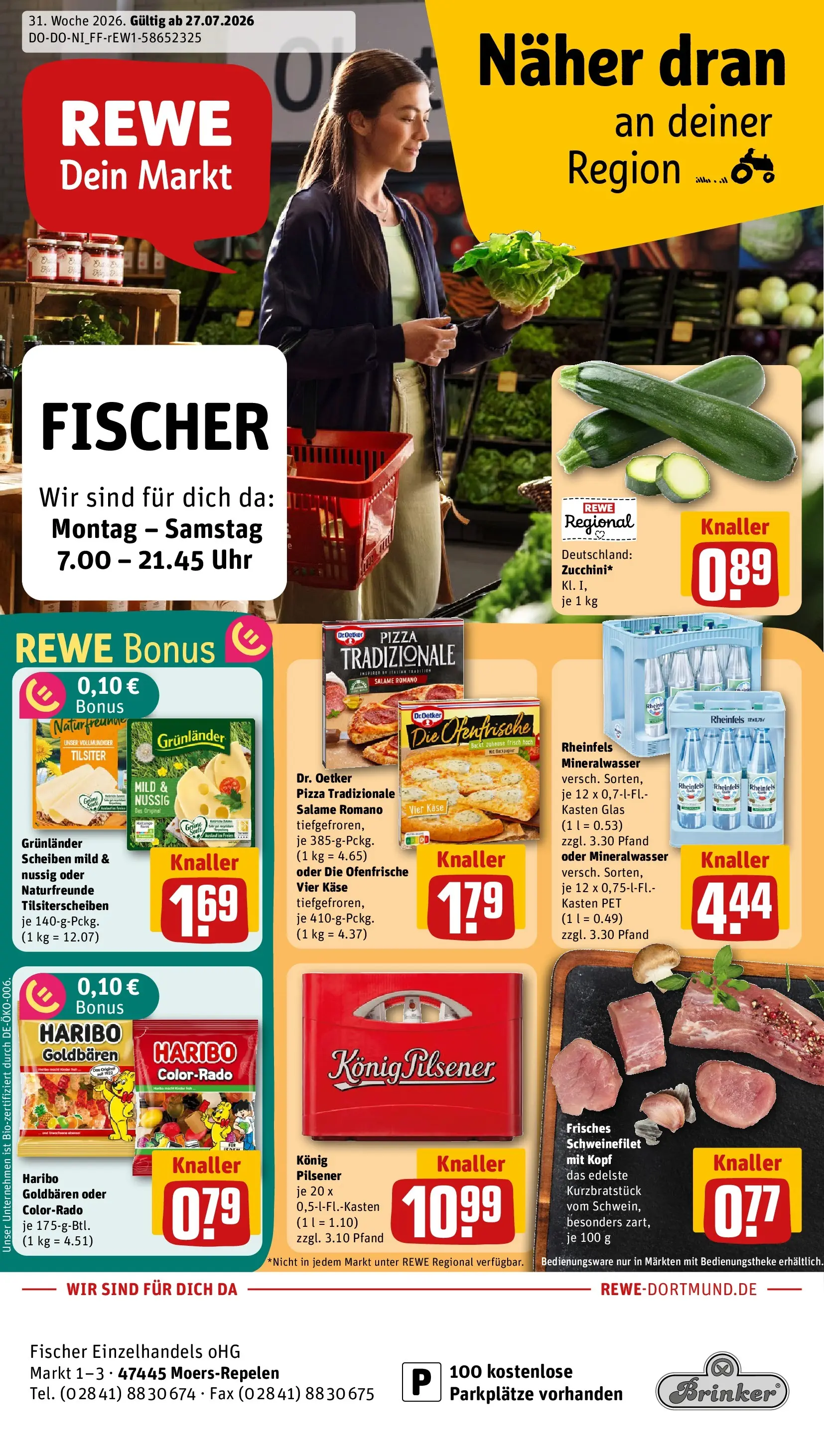 REWE Prospekt ab 27.07.2026 zum Blättern » Angebote | Seite: 1 | Produkte: Käse, Ofenfrische, Mineralwasser, Pizza