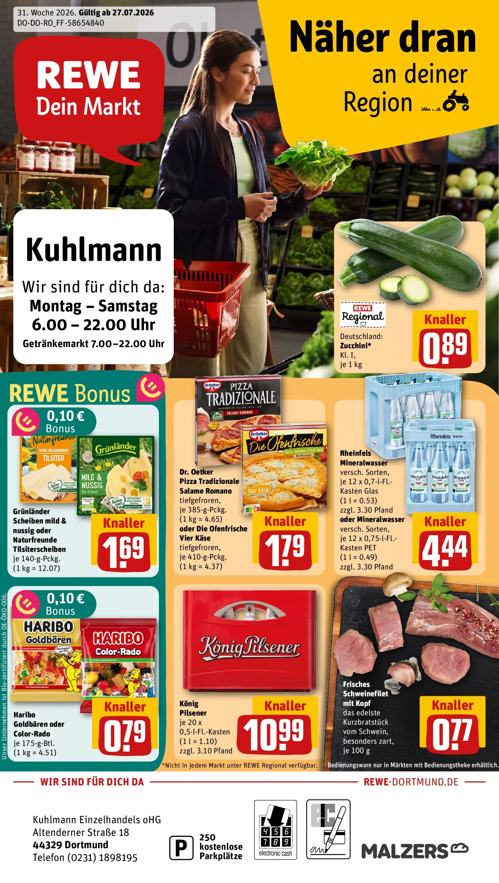 REWE Prospekt ab 27.07.2026 zum Blättern » Angebote | Seite: 1 | Produkte: Käse, Schweinefilet, Pizza, Telefon