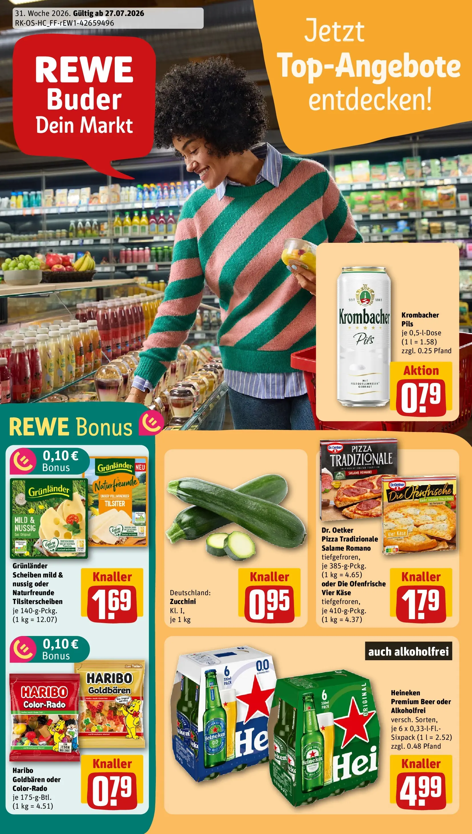 REWE Prospekt ab 27.07.2026 zum Blättern » Angebote | Seite: 1 | Produkte: Heineken, Krombacher, Pizza, Zucchini