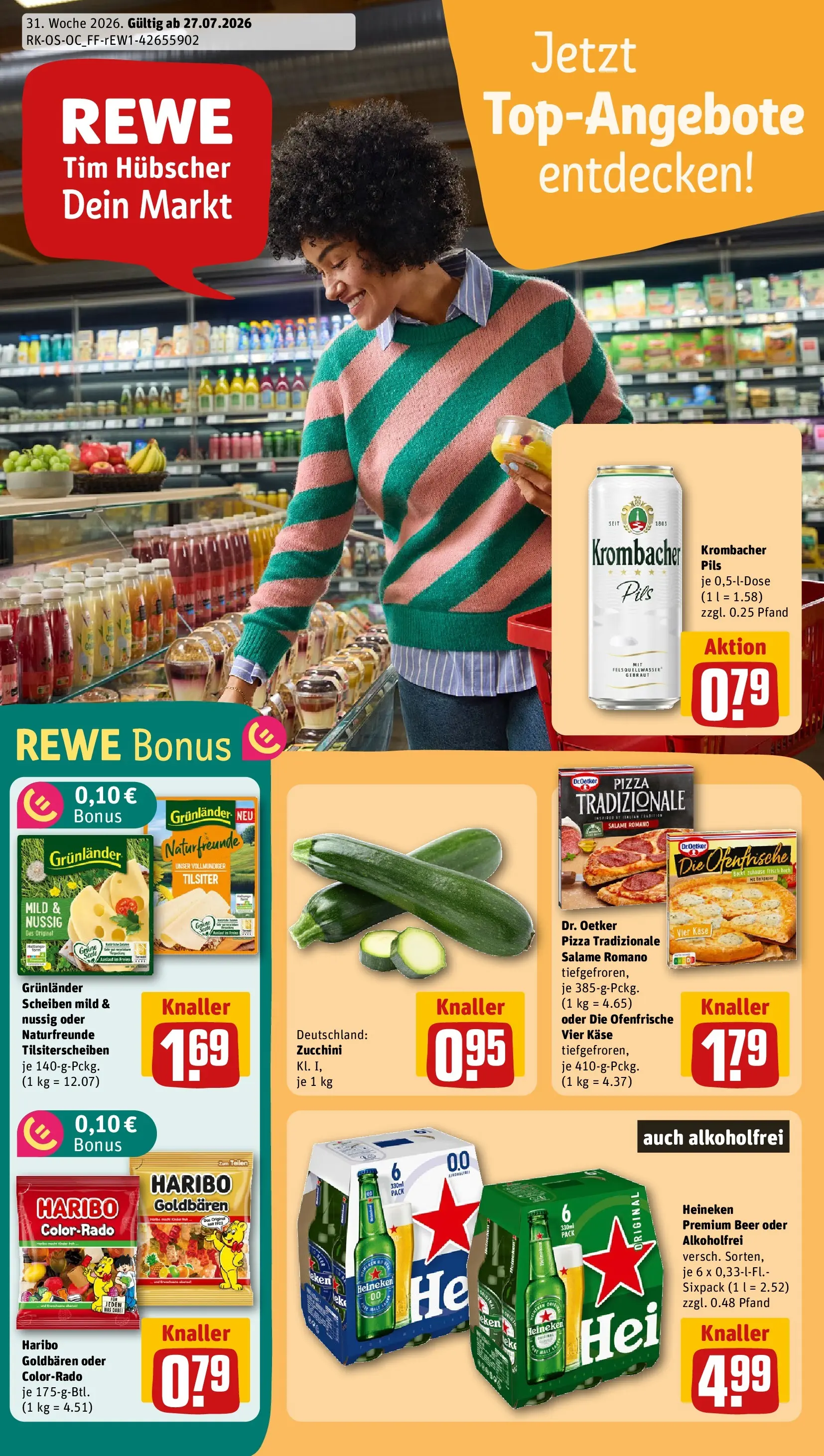 REWE Prospekt ab 27.07.2026 zum Blättern » Angebote | Seite: 1 | Produkte: Pils, Ofenfrische, Heineken, Grunlander