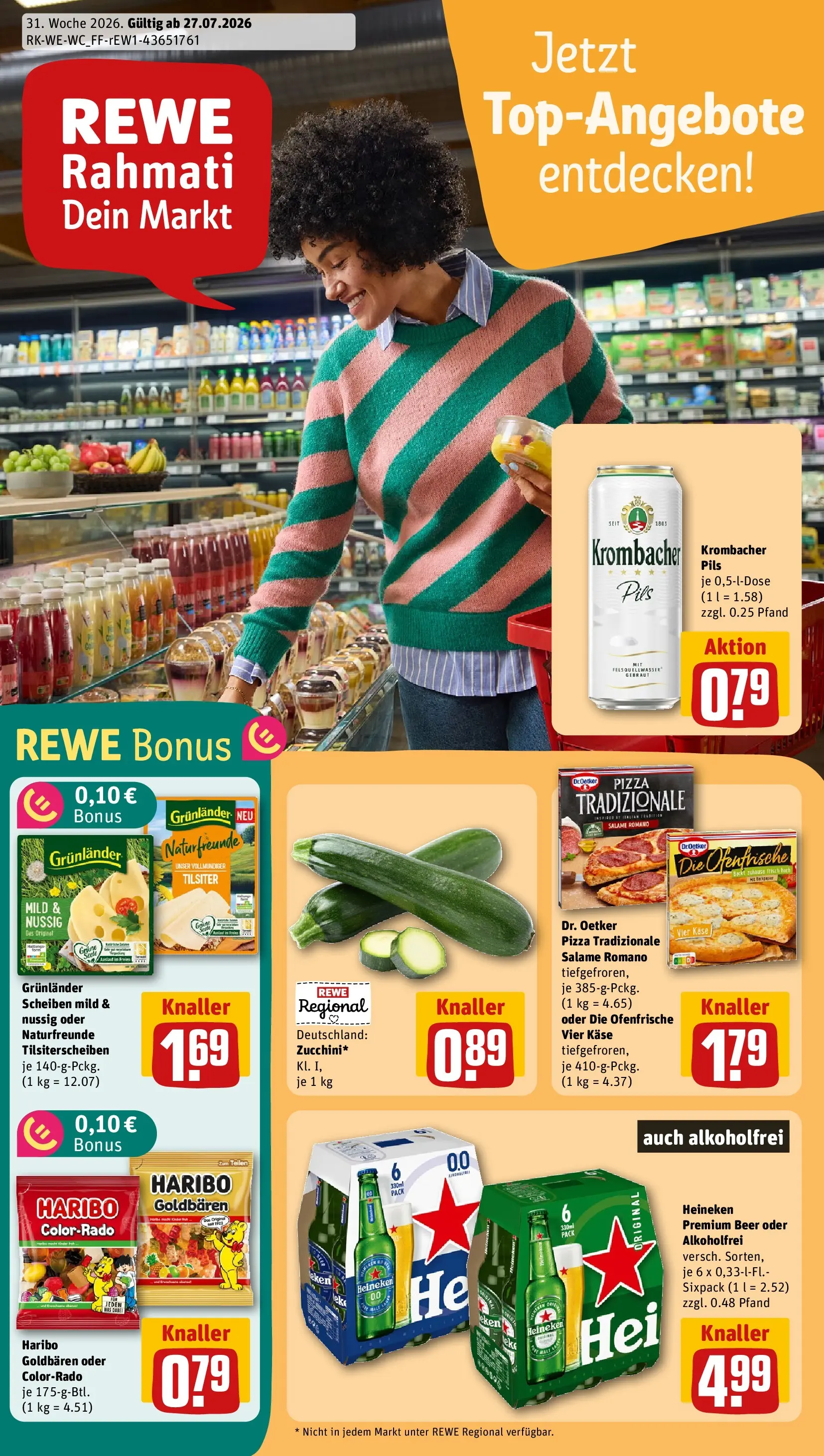 REWE Prospekt ab 27.07.2026 zum Blättern » Angebote | Seite: 1 | Produkte: Käse, Heineken, Grunlander, Pizza