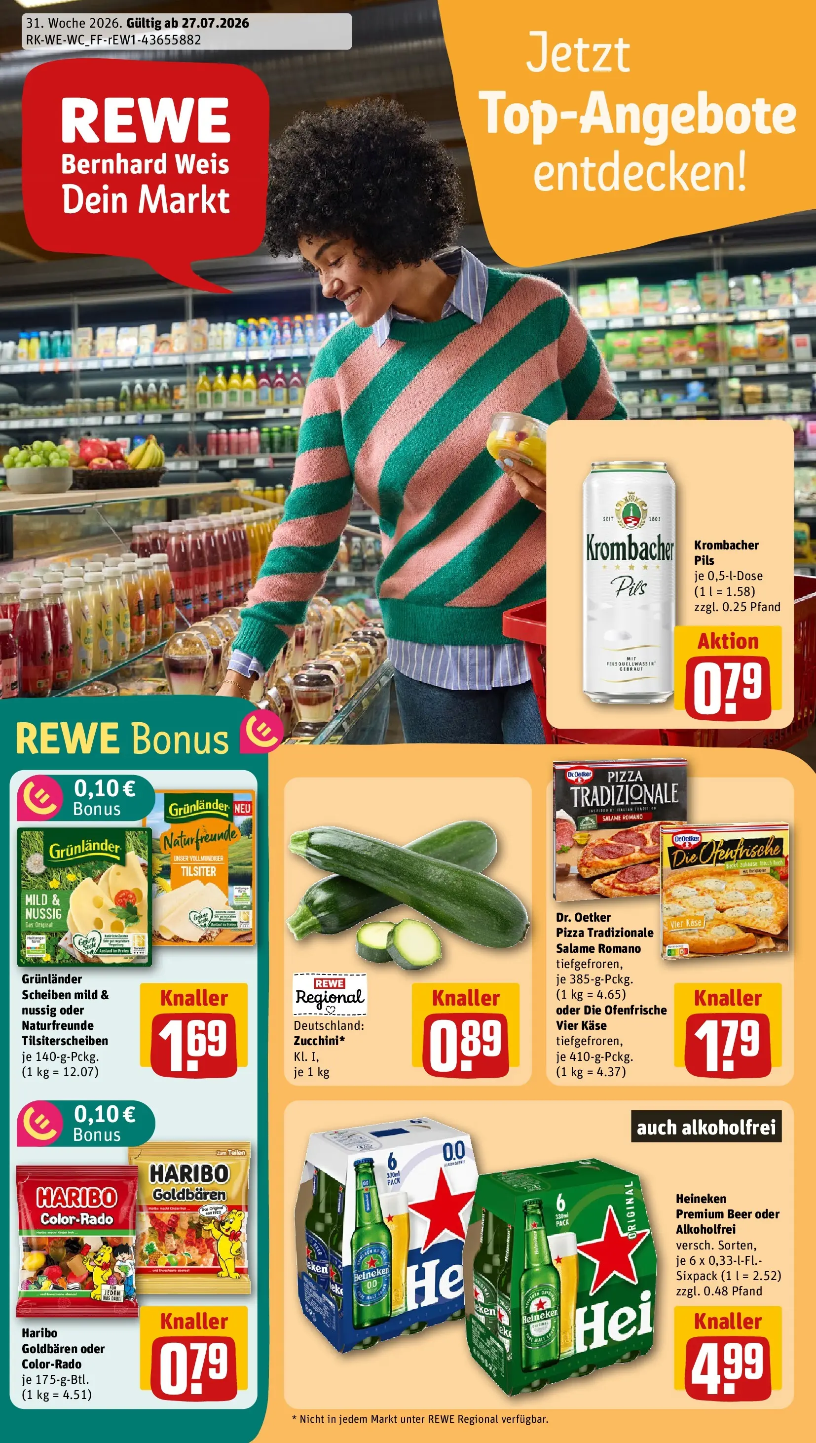 REWE Prospekt ab 27.07.2026 zum Blättern » Angebote | Seite: 1 | Produkte: Käse, Pils, Krombacher, Pizza