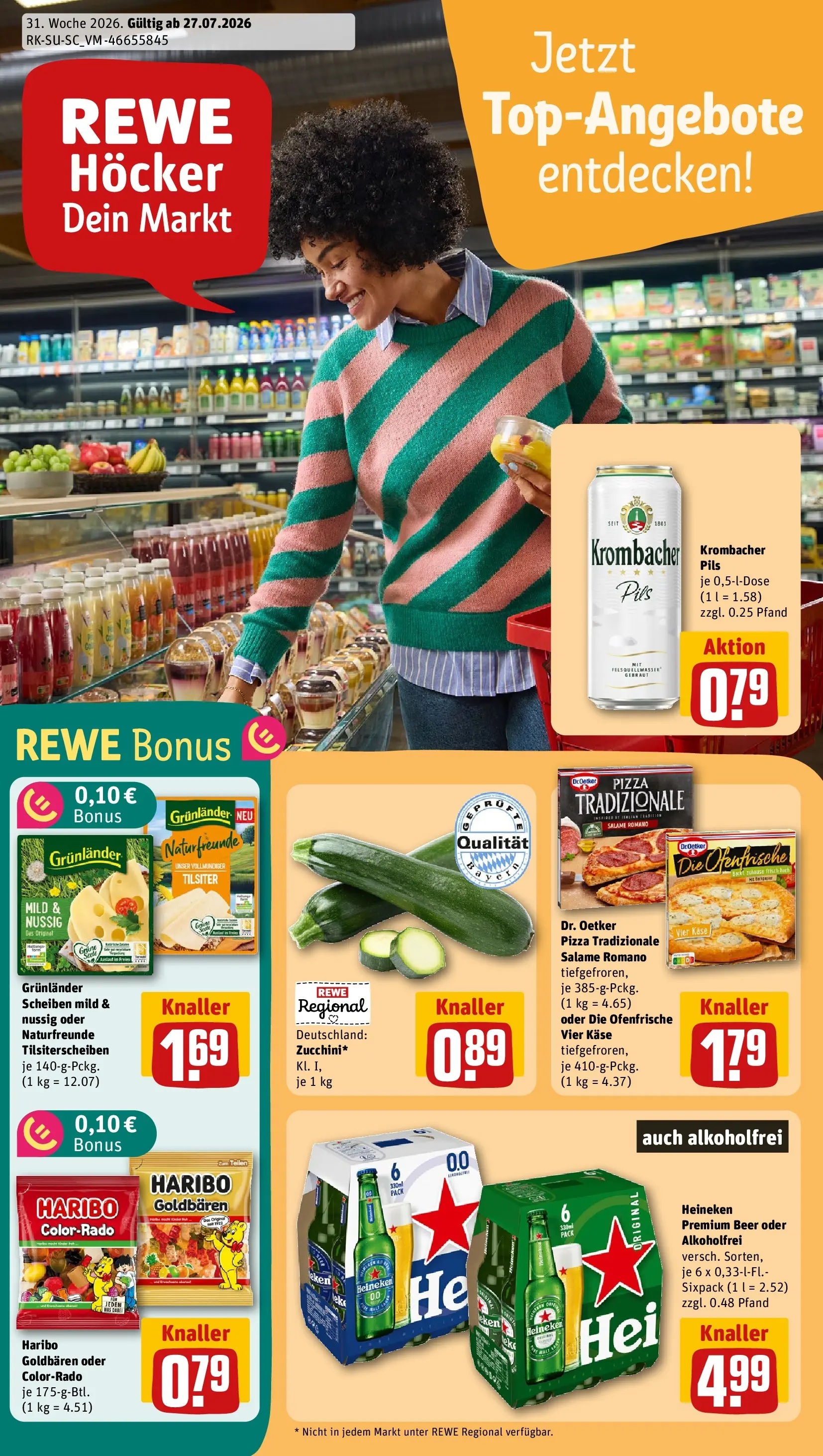 REWE Prospekt ab 27.07.2026 zum Blättern » Angebote | Seite: 1 | Produkte: Hocker, Pils, Grunlander, Krombacher