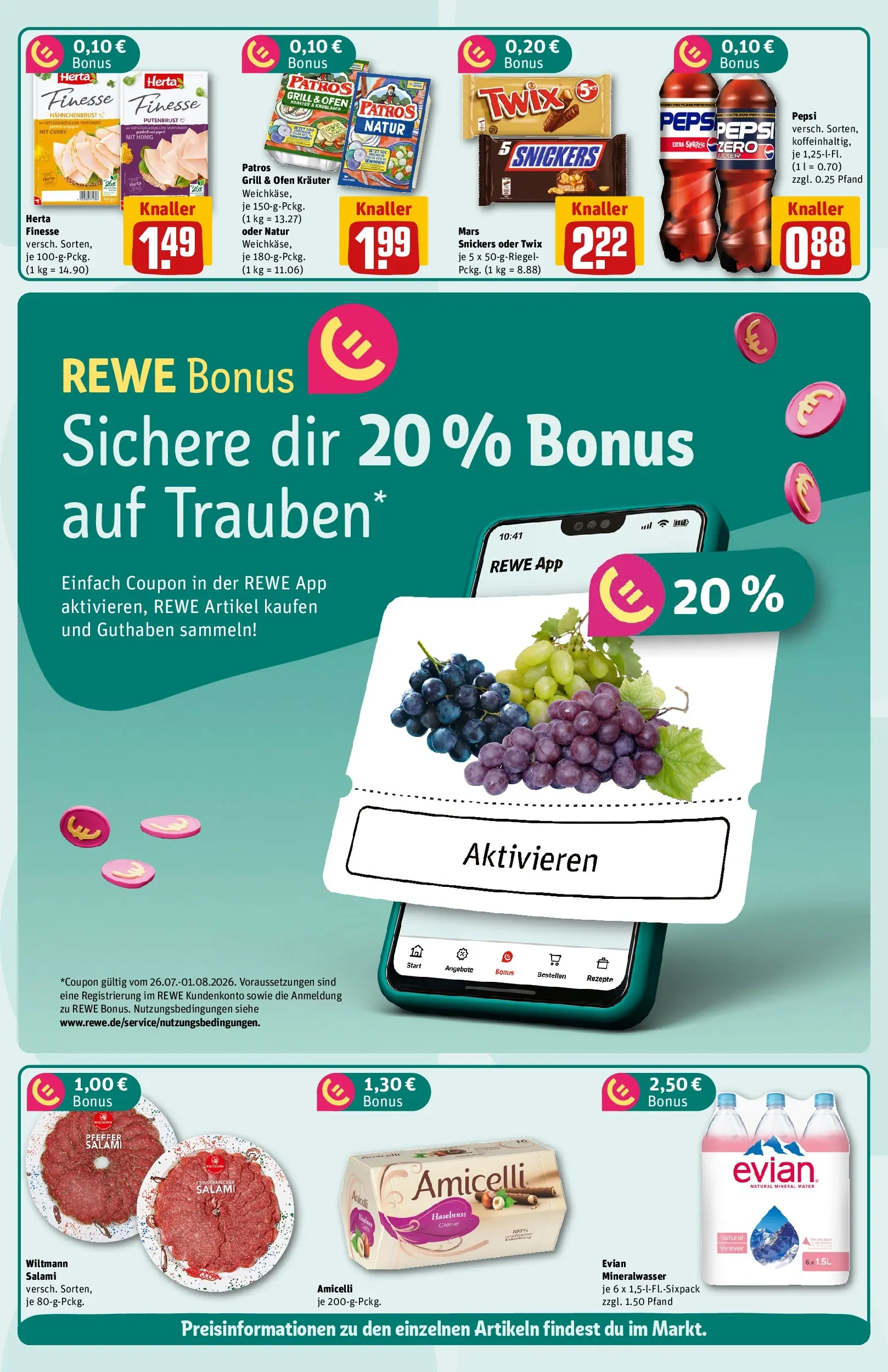 REWE Prospekt ab 27.07.2026 zum Blättern » Angebote | Seite: 2 | Produkte: Trauben, Mineralwasser, Salami, Herta finesse