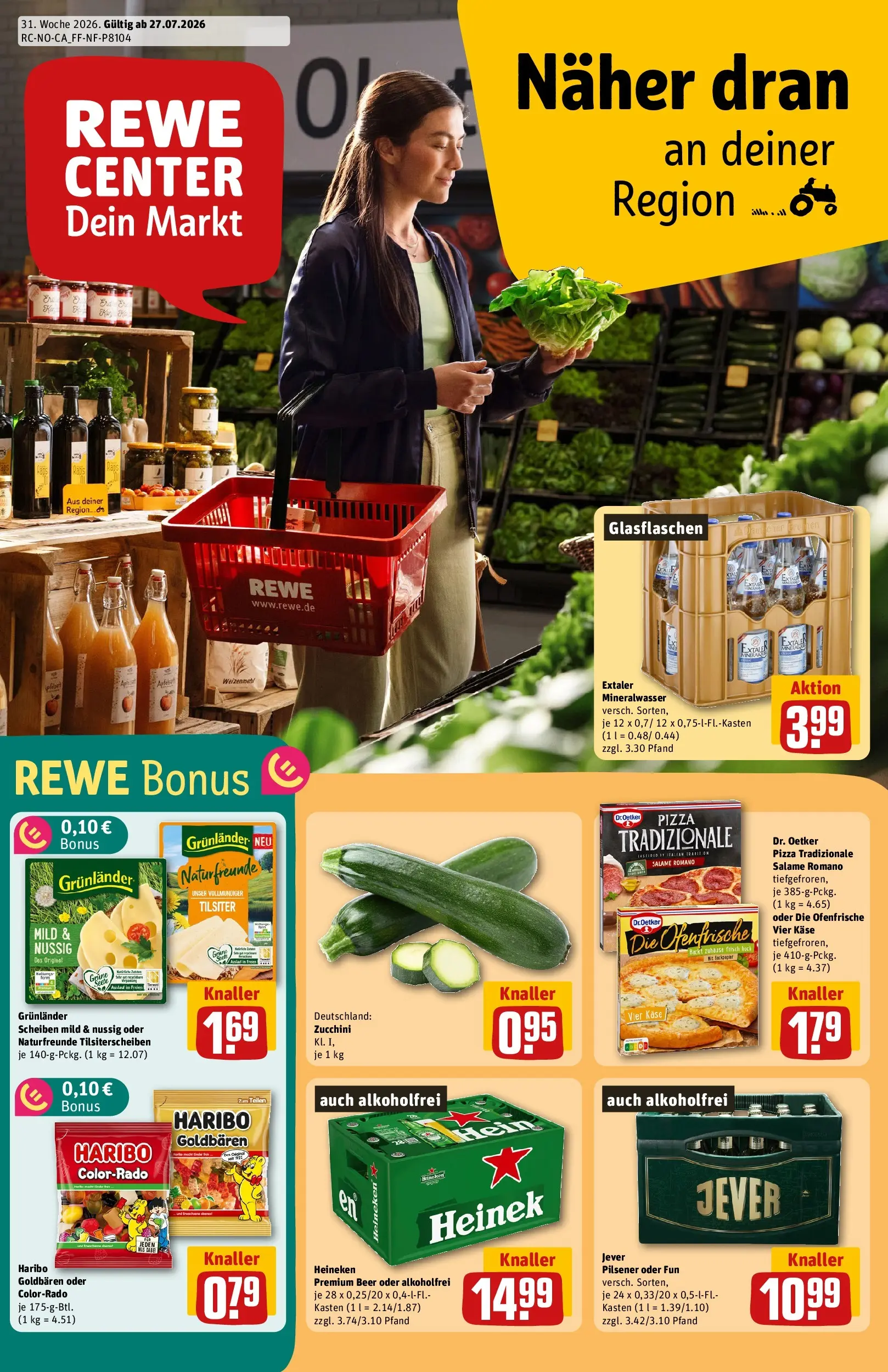 REWE Prospekt ab 27.07.2026 zum Blättern » Angebote | Seite: 1 | Produkte: Ofenfrische, Mineralwasser, Grunlander, Zucchini
