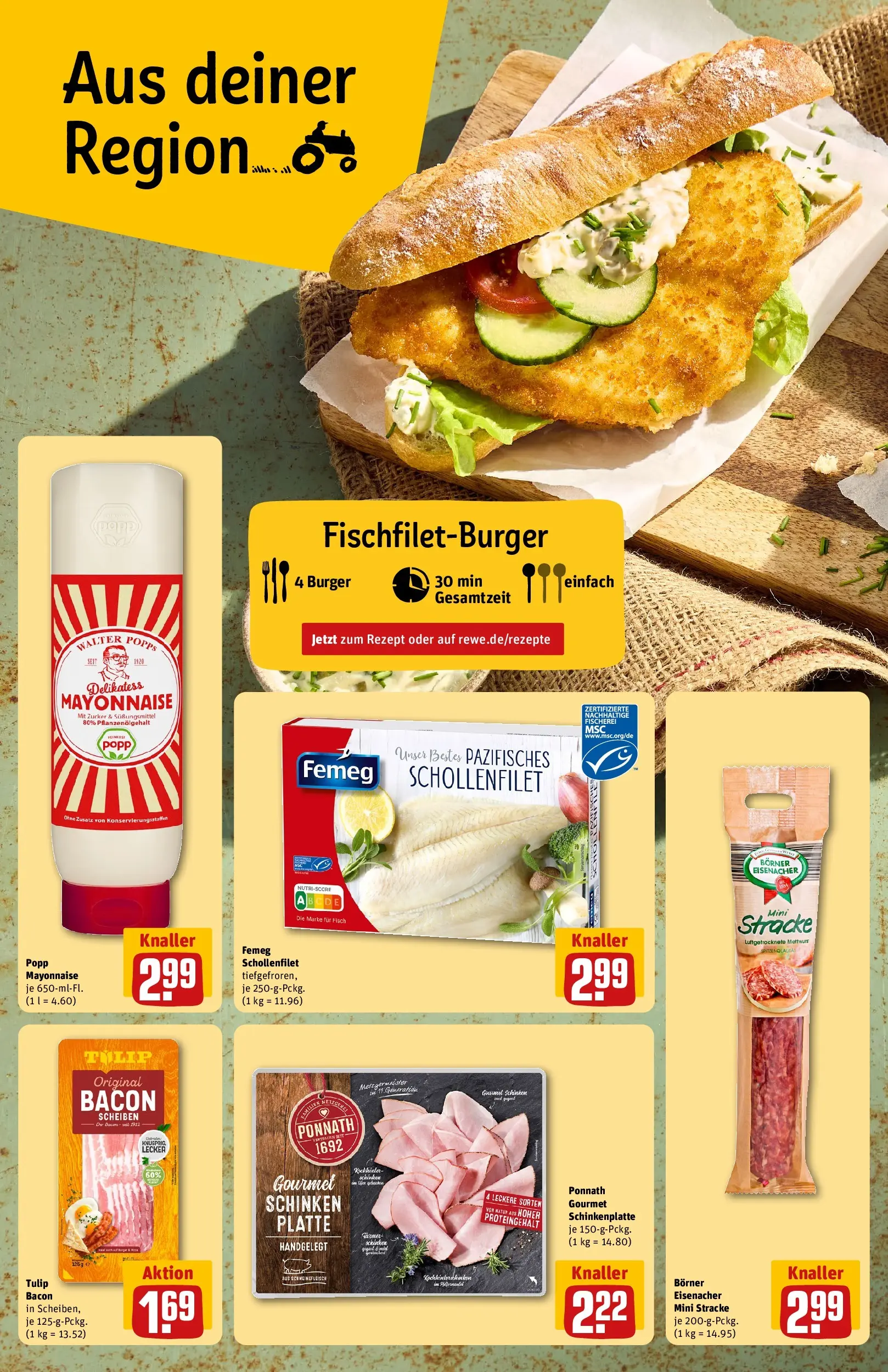 REWE Prospekt ab 27.07.2026 zum Blättern » Angebote | Seite: 4 | Produkte: Burger, Mayonnaise, Schinken, Schweinefleisch