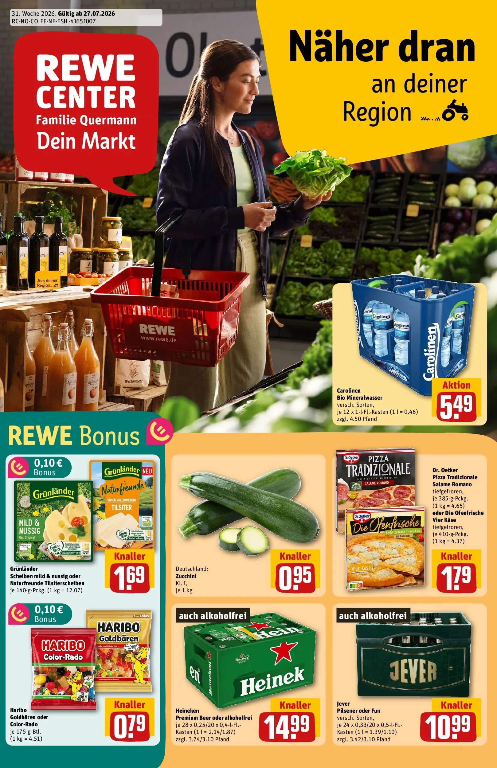 REWE Prospekt ab 27.07.2026 zum Blättern » Angebote | Seite: 1 | Produkte: Weizenmehl, Ofenfrische, Jever, Zucchini