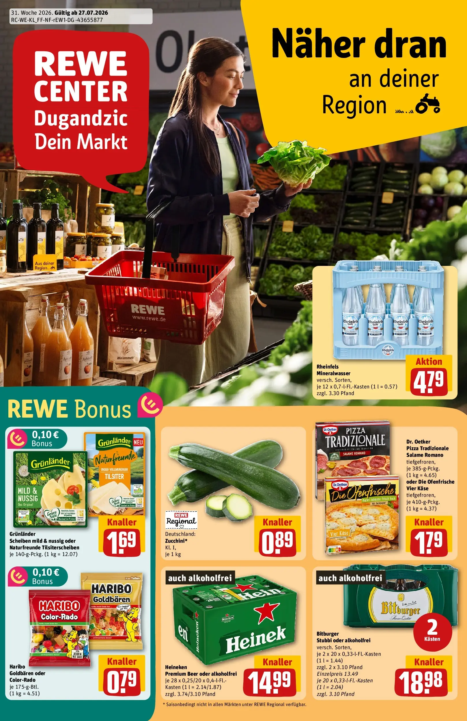 REWE Prospekt ab 27.07.2026 zum Blättern » Angebote | Seite: 1 | Produkte: Haribo, Käse, Grunlander, Pizza