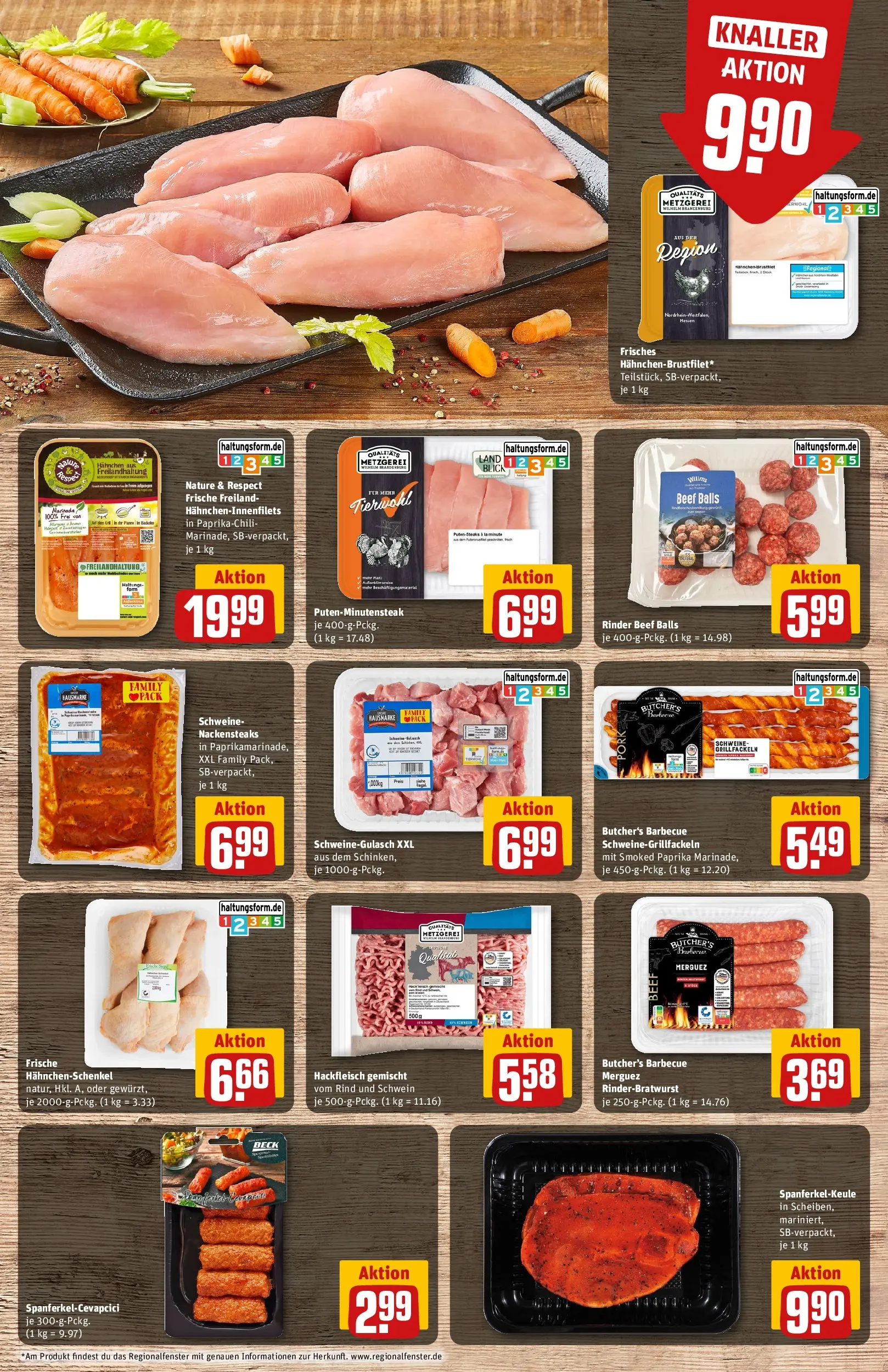 REWE Prospekt ab 27.07.2026 zum Blättern » Angebote | Seite: 9 | Produkte: Schweinegulasch, Nackensteaks, Hahnchen, Hackfleisch