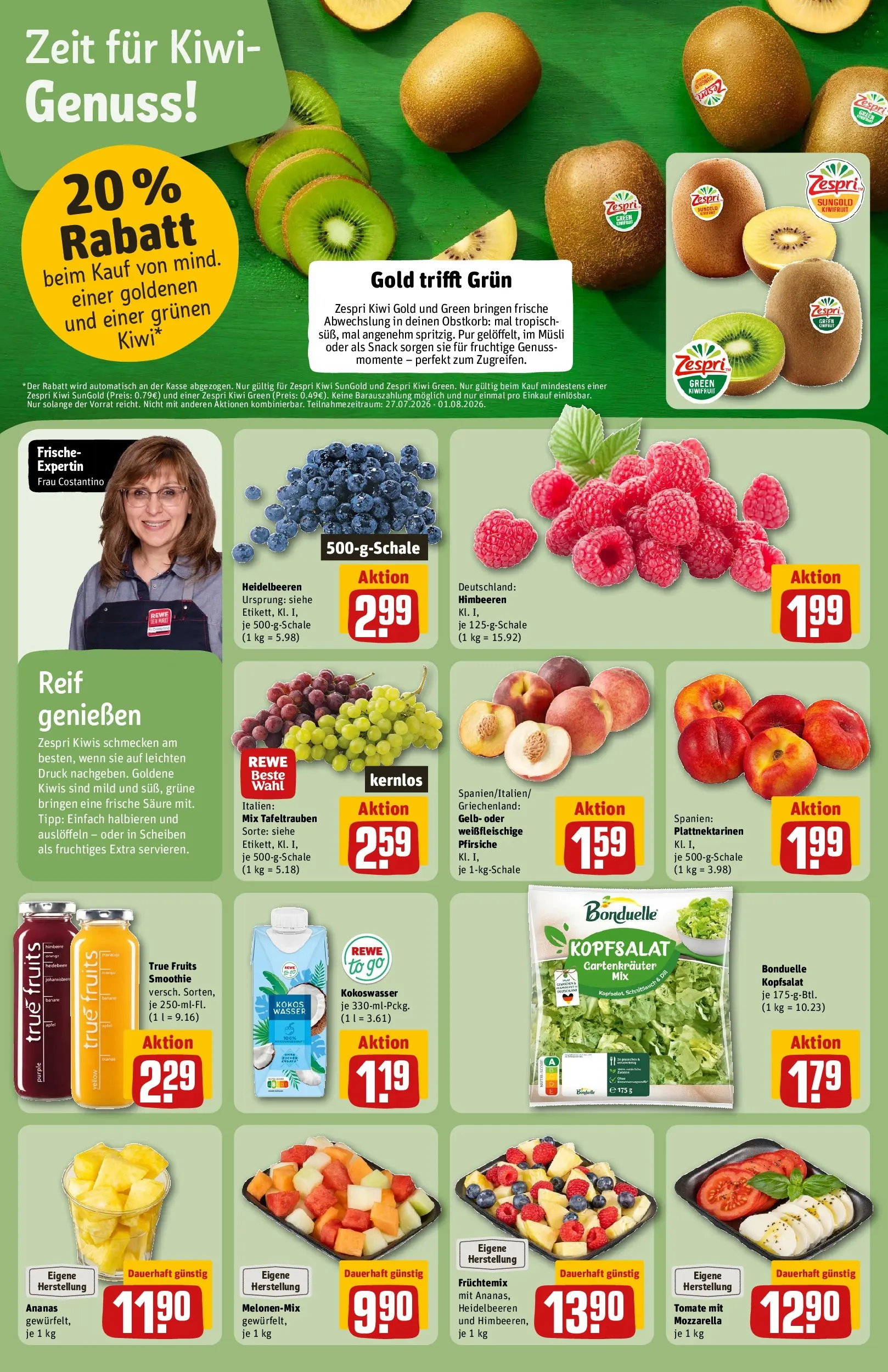 REWE Prospekt ab 27.07.2026 zum Blättern » Angebote | Seite: 6 | Produkte: Mozzarella, Ananas, Heidelbeeren, Wasser