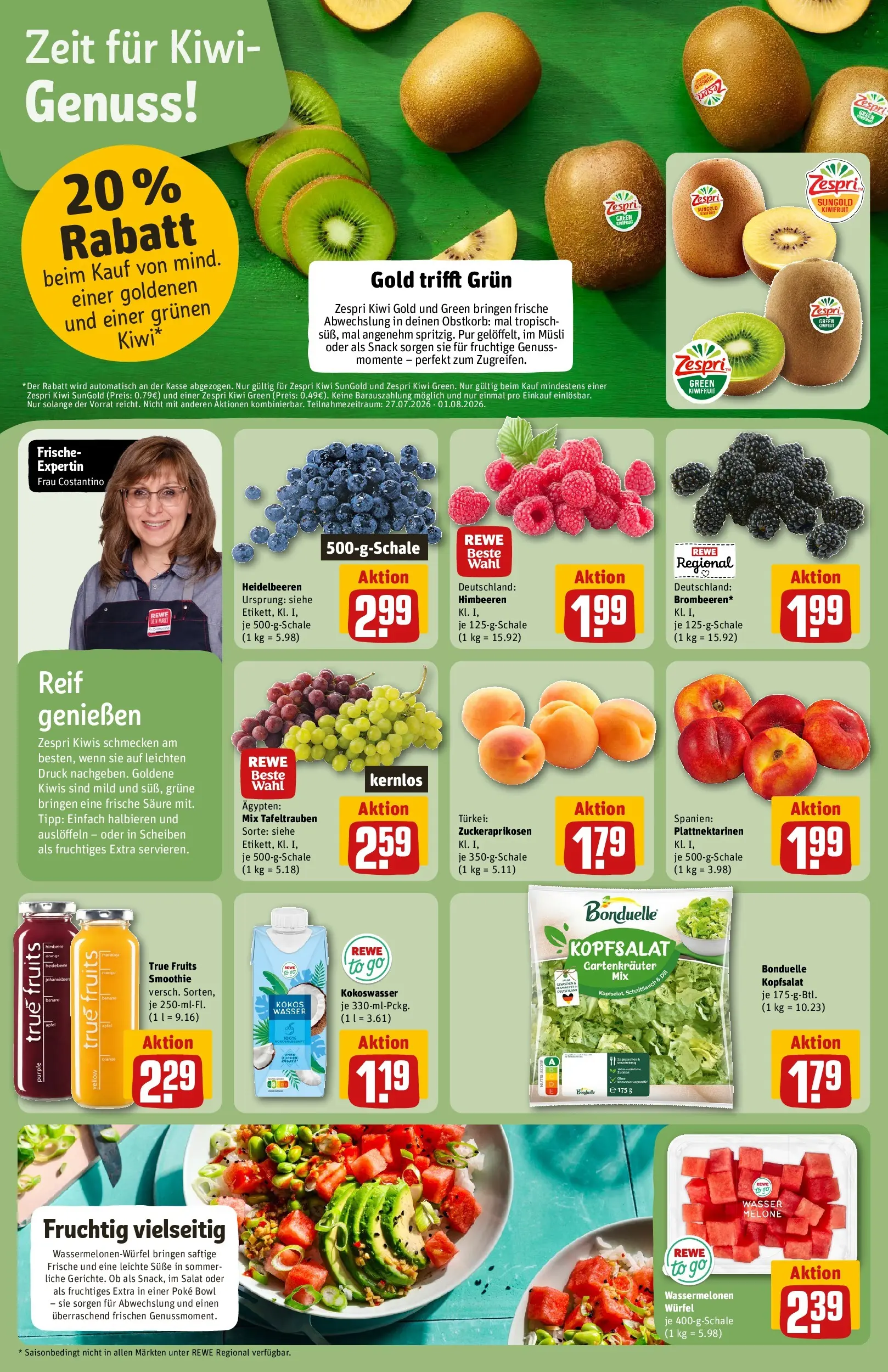 REWE Prospekt ab 27.07.2026 zum Blättern » Angebote | Seite: 10 | Produkte: Himbeeren, Wasser, Kiwi, Salat