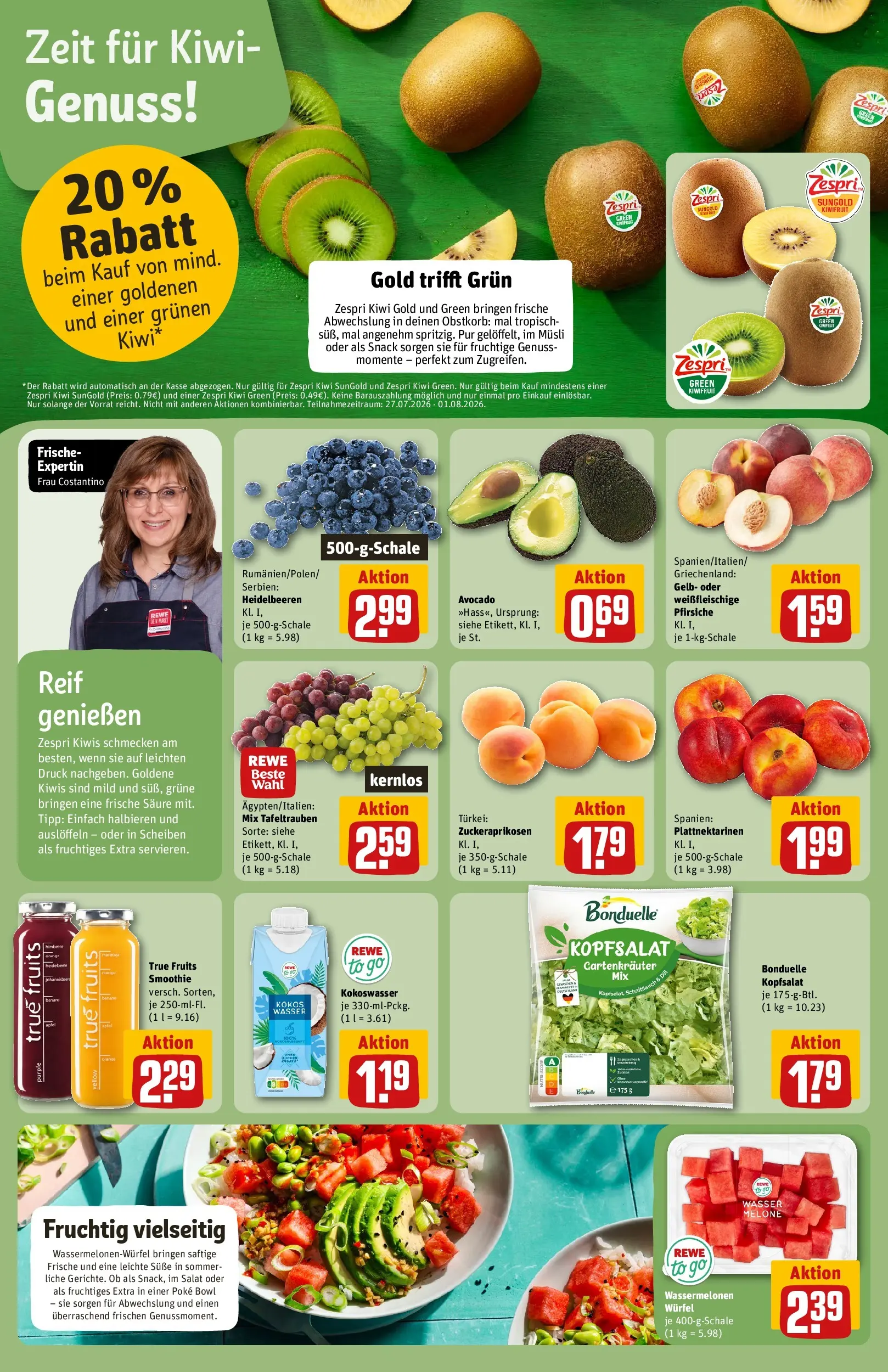 REWE Prospekt ab 27.07.2026 zum Blättern » Angebote | Seite: 6 | Produkte: Musli, Heidelbeeren, Zucker, Melone