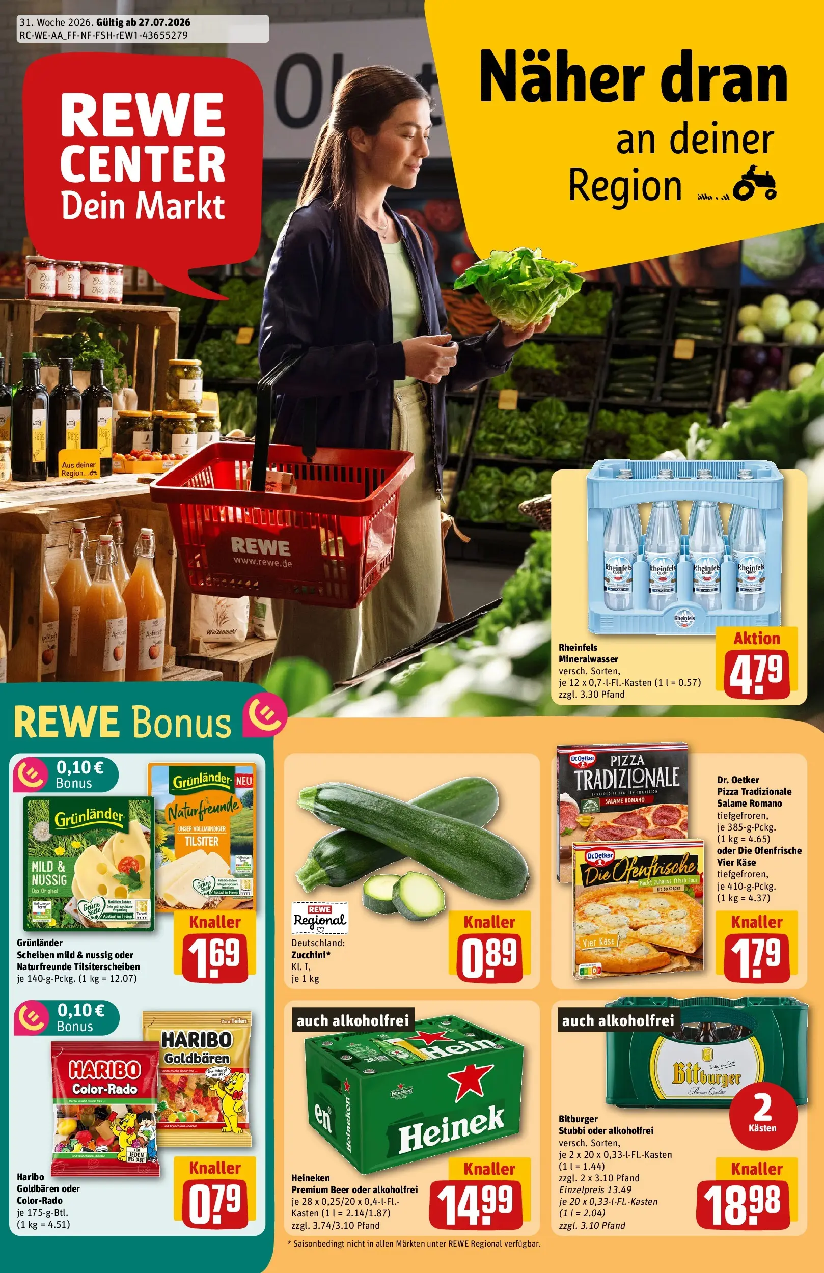 REWE Prospekt ab 27.07.2026 zum Blättern » Angebote | Seite: 1 | Produkte: Käse, Ofenfrische, Grunlander, Pizza