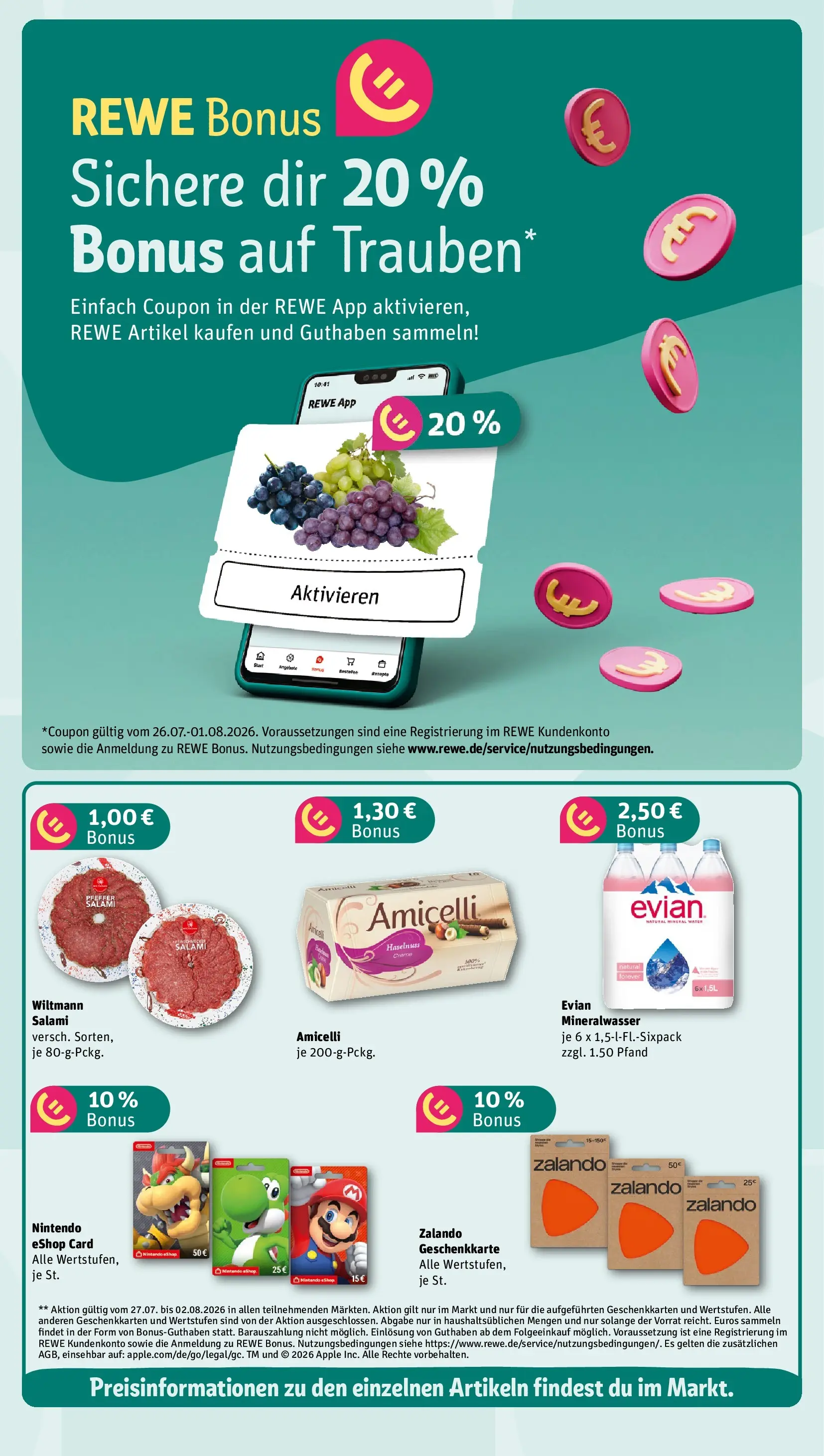 REWE Prospekt ab 27.07.2026 zum Blättern » Angebote | Seite: 4 | Produkte: Trauben, Mineralwasser, Apple, Salami