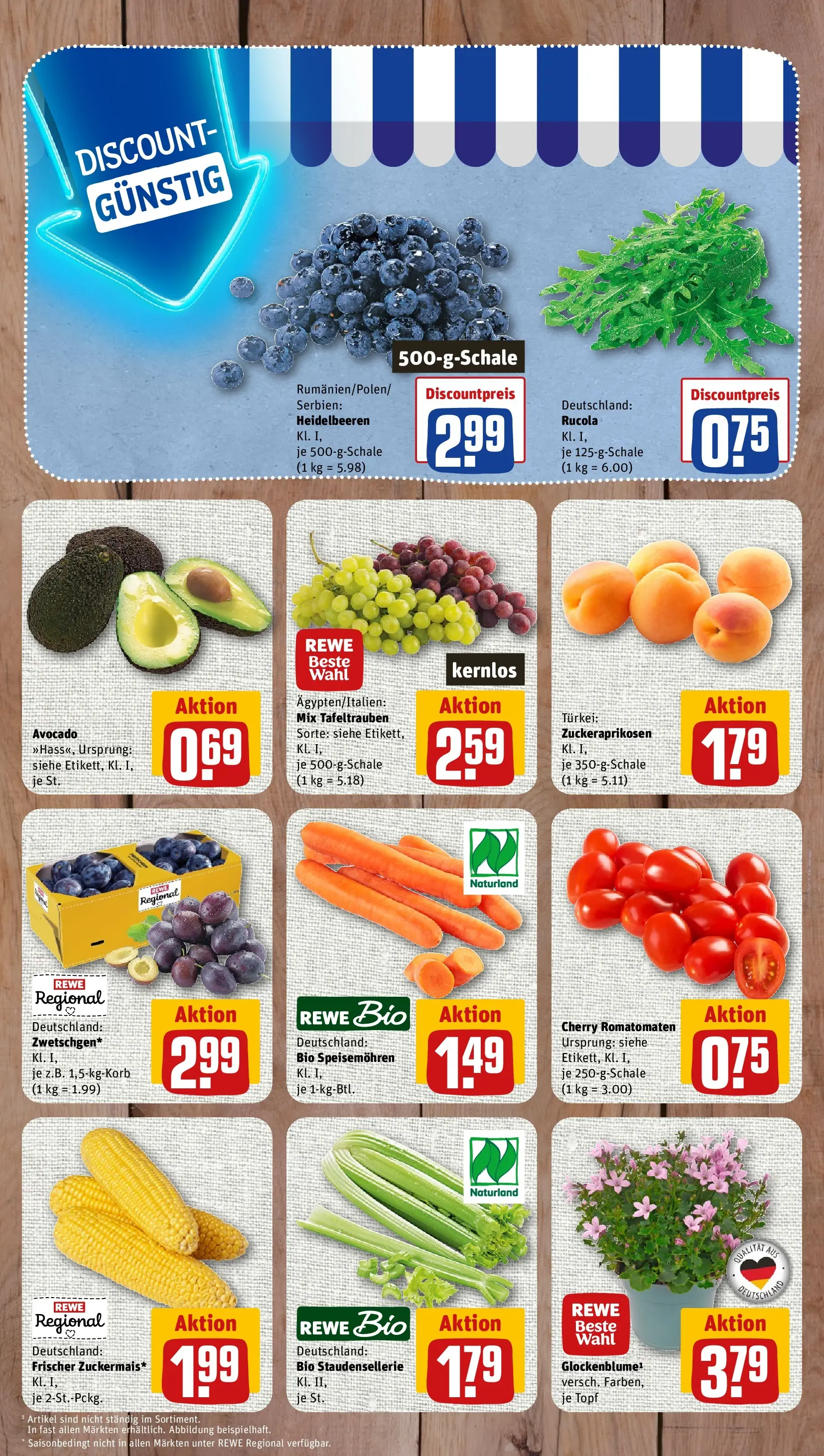 REWE Prospekt ab 27.07.2026 zum Blättern » Angebote | Seite: 3 | Produkte: Rucola, Heidelbeeren, Avocado