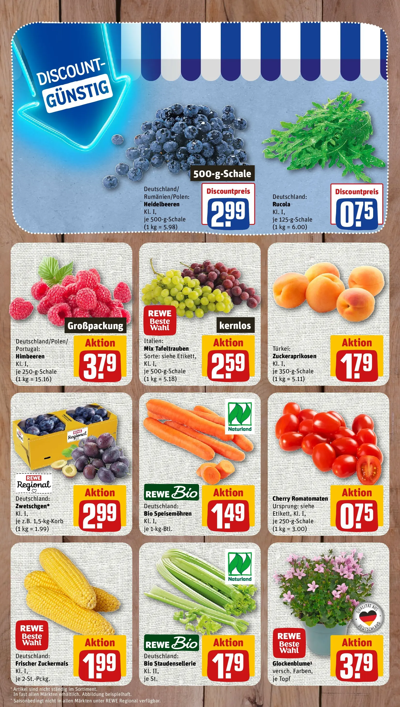REWE Prospekt ab 27.07.2026 zum Blättern » Angebote | Seite: 3 | Produkte: Himbeeren, Rucola, Heidelbeeren