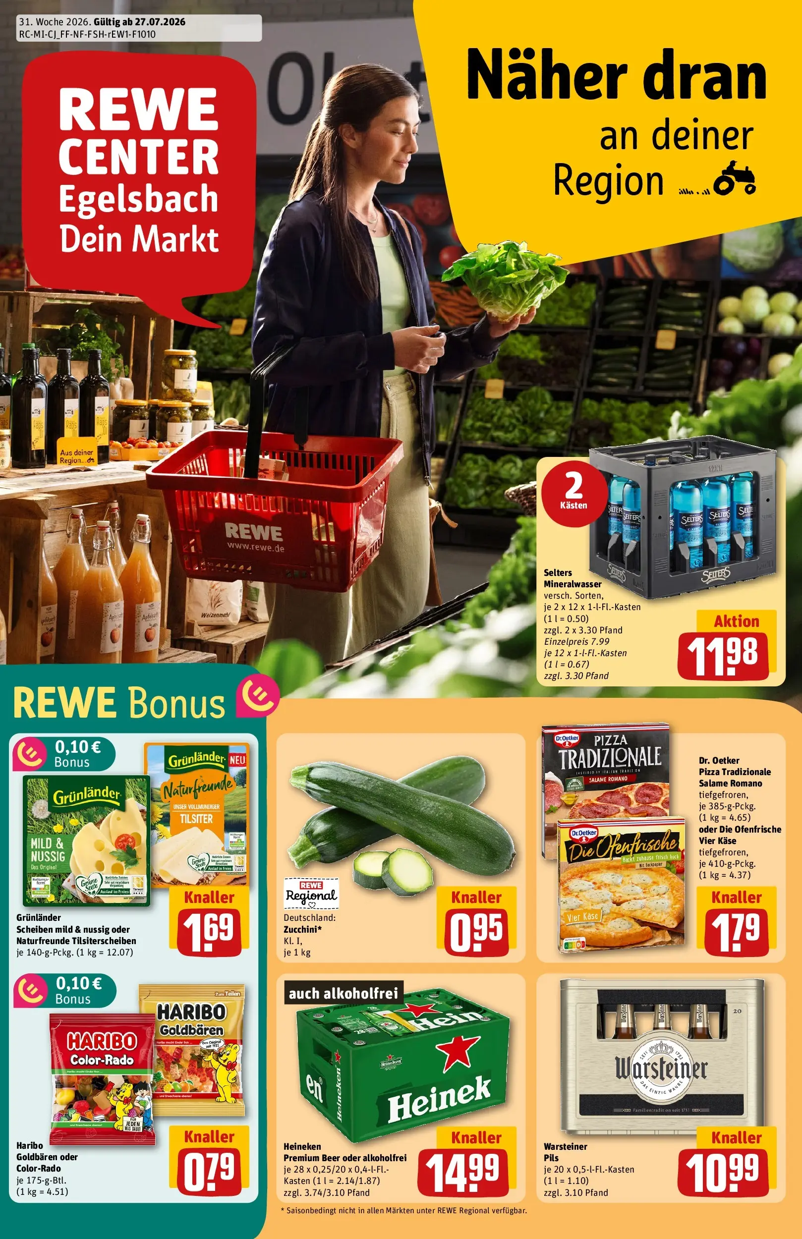 REWE Prospekt ab 27.07.2026 zum Blättern » Angebote | Seite: 1 | Produkte: Pils, Heineken, Fisch, Grunlander