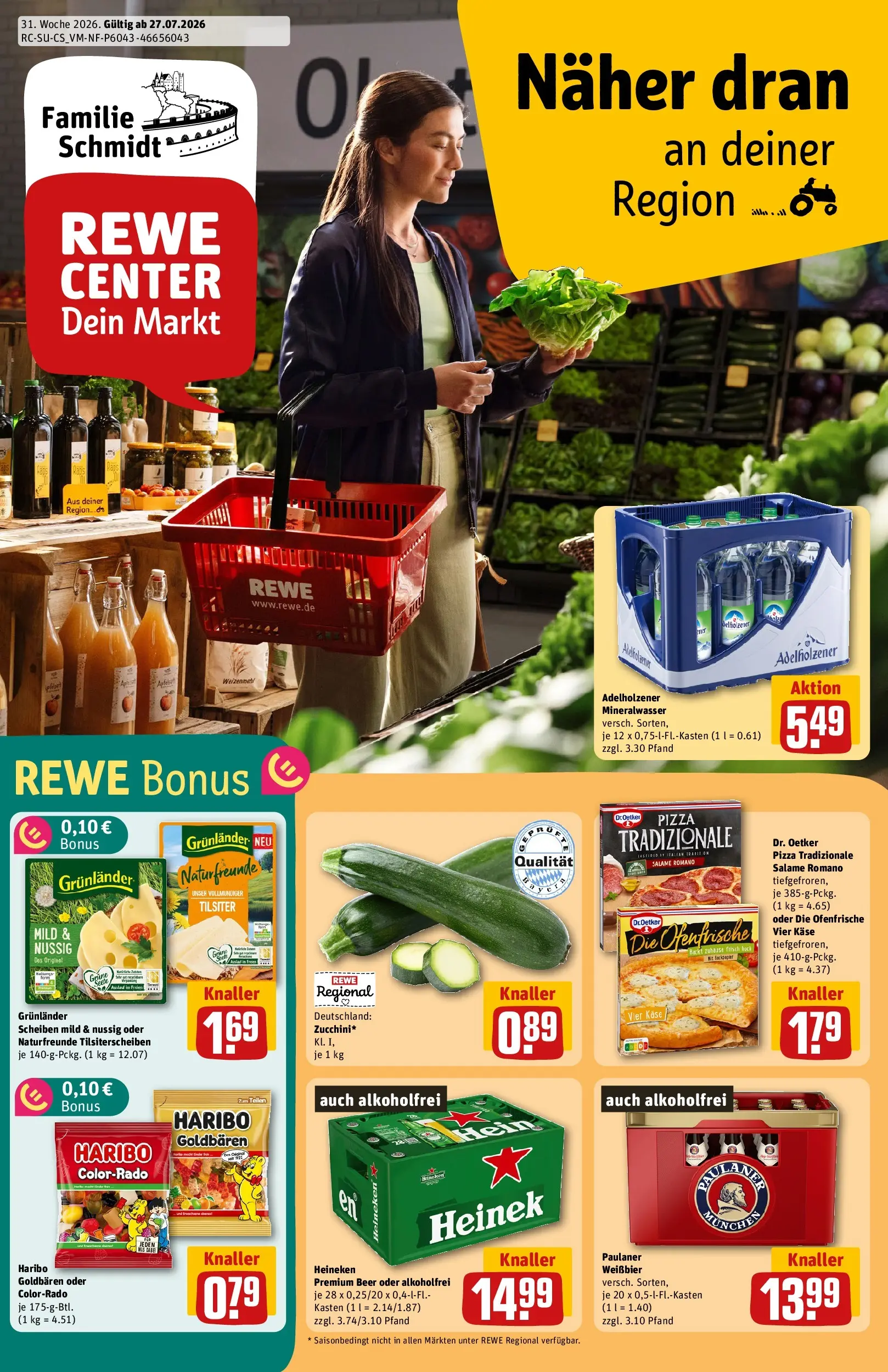 REWE Prospekt ab 27.07.2026 zum Blättern » Angebote | Seite: 1 | Produkte: Haribo, Käse, Adelholzener, Grunlander