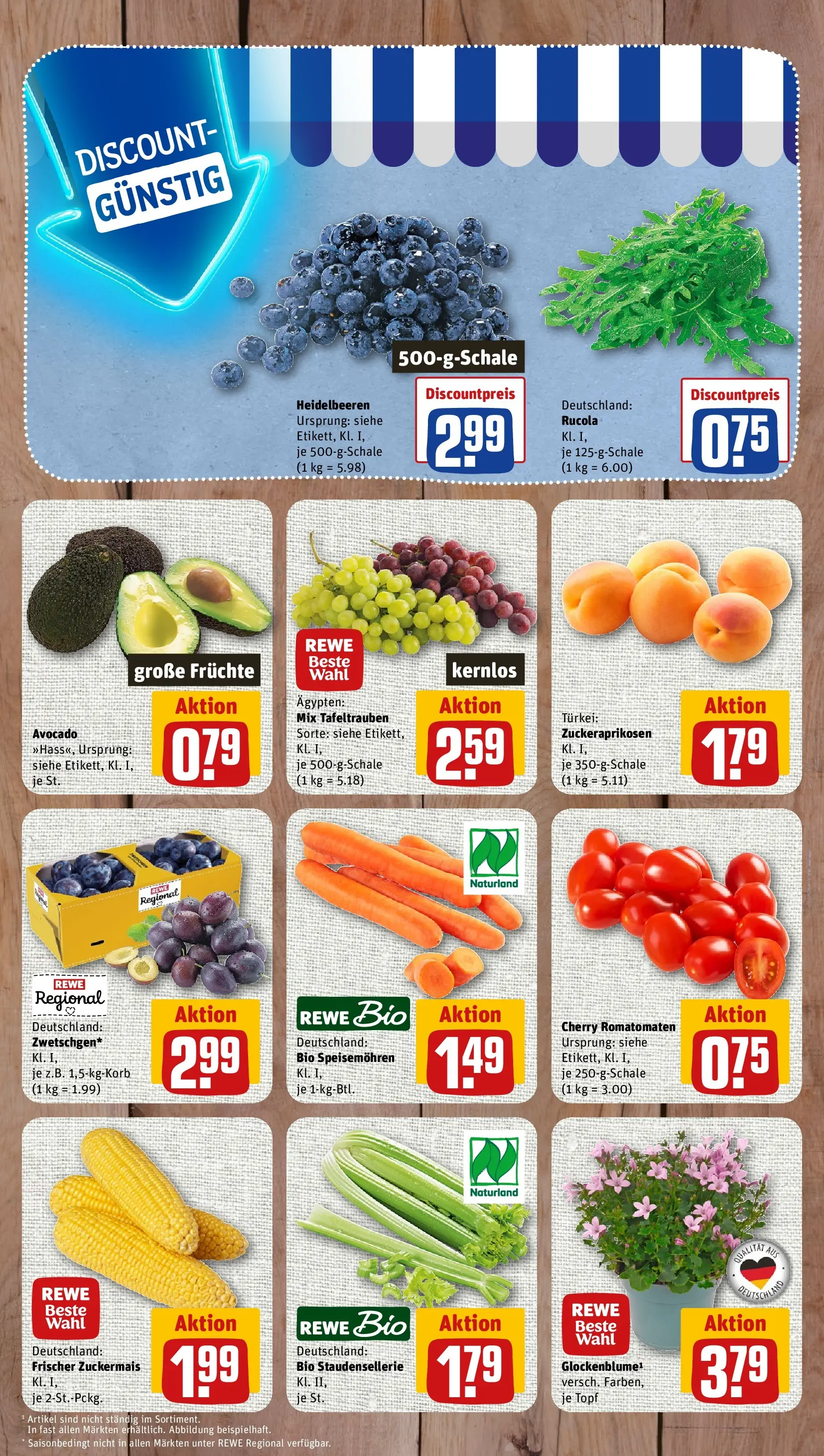 REWE Prospekt ab 27.07.2026 zum Blättern » Angebote | Seite: 3 | Produkte: Rucola, Heidelbeeren, Avocado