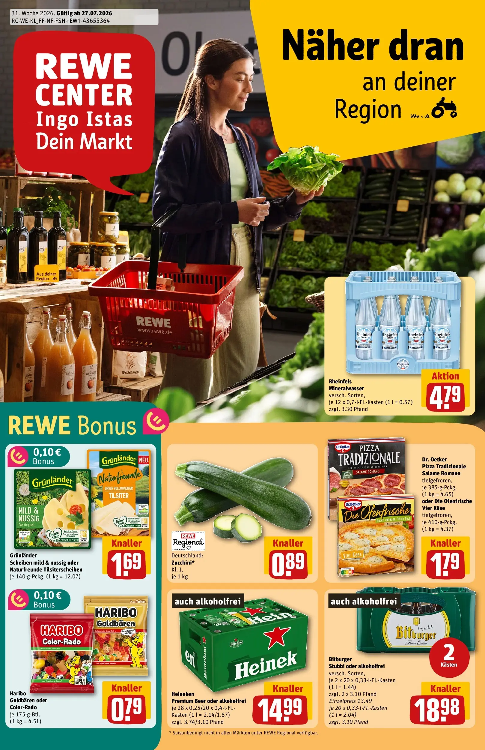 REWE Prospekt ab 27.07.2026 zum Blättern » Angebote | Seite: 1 | Produkte: Haribo, Heineken, Grunlander, Pizza
