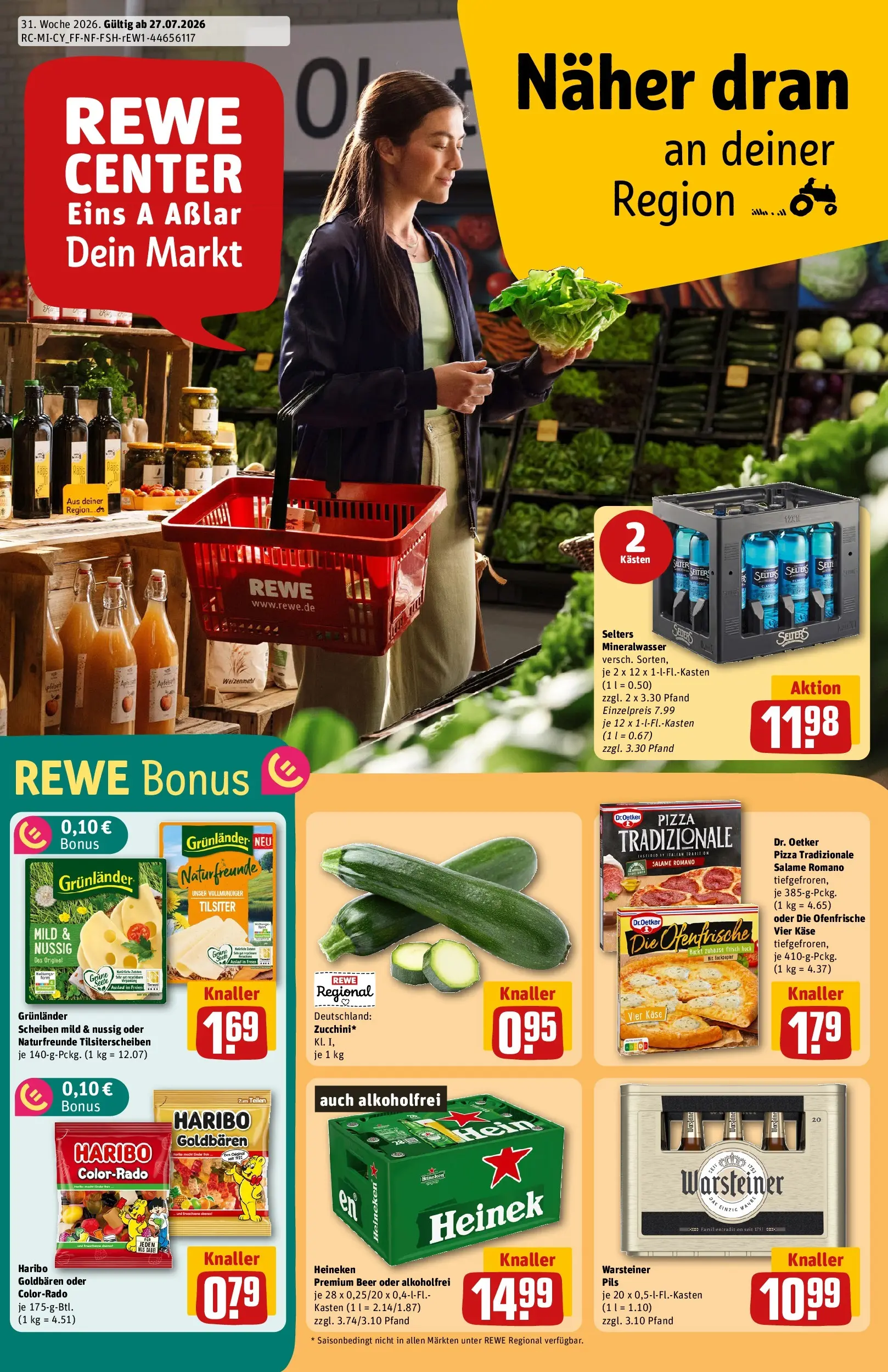 REWE Prospekt ab 27.07.2026 zum Blättern » Angebote | Seite: 1 | Produkte: Käse, Ofenfrische, Mineralwasser, Pizza