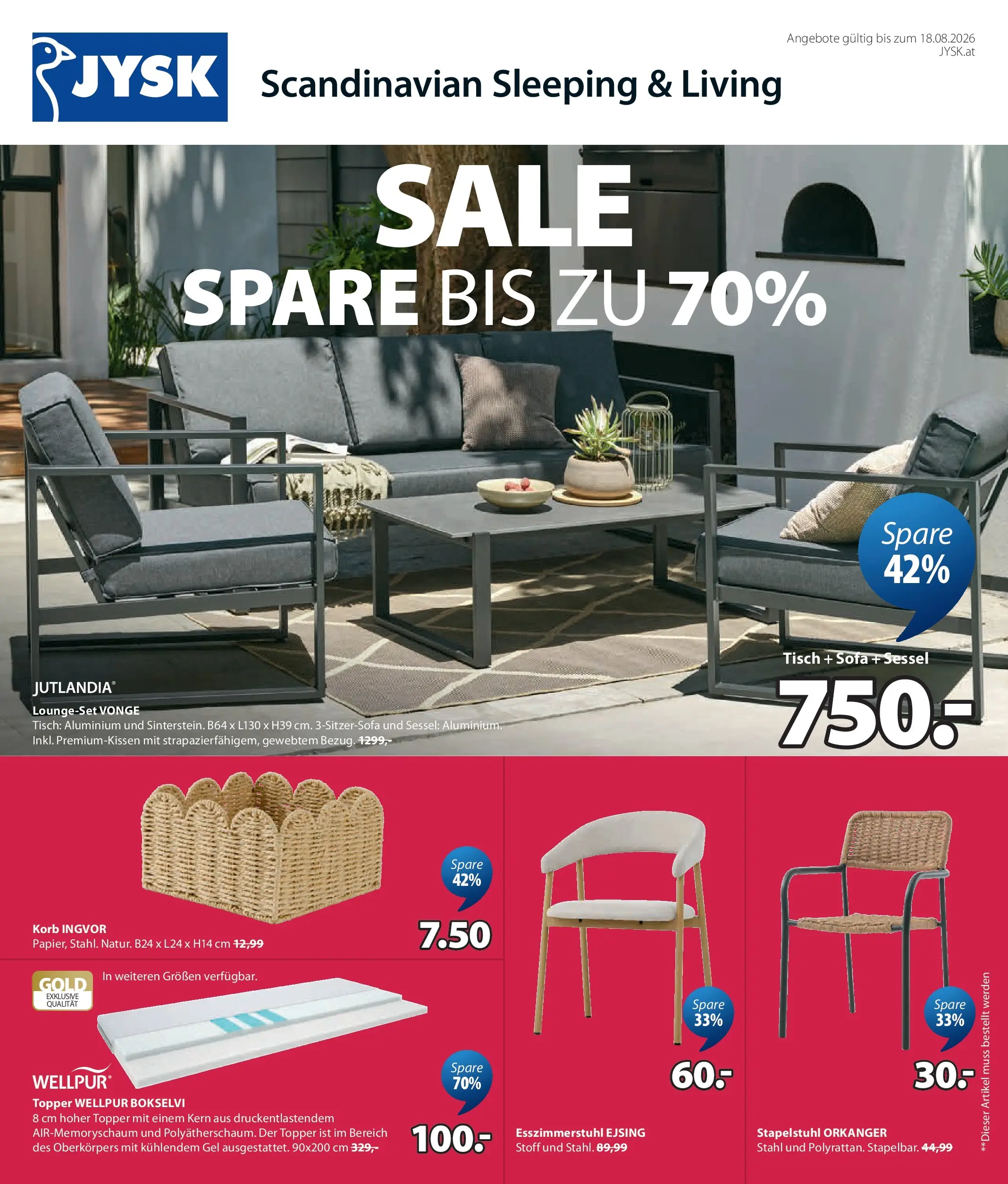 JYSK - JYSK: Sale Spare Bis Zu 70% von 29.07.2026 - Aktuelle Angebote | Seite: 1 | Produkte: Sofa, Sessel, Tisch, Korb