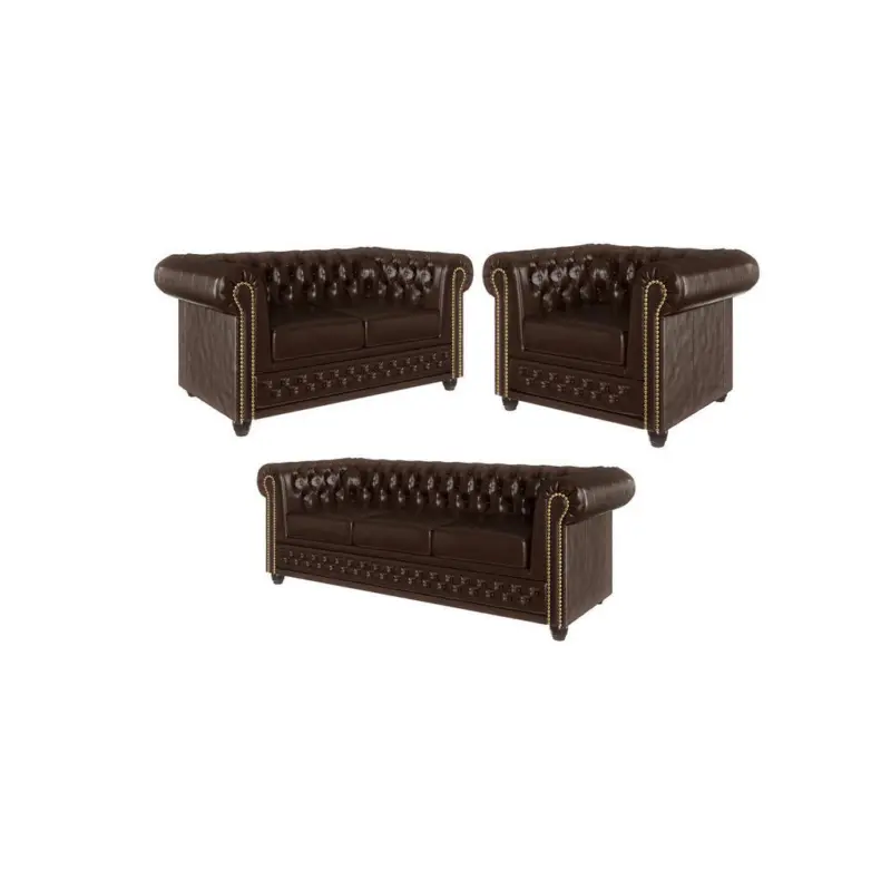Sitzgarnitur 3+2+1 Chesterfield Morin Braun Vegan Leder