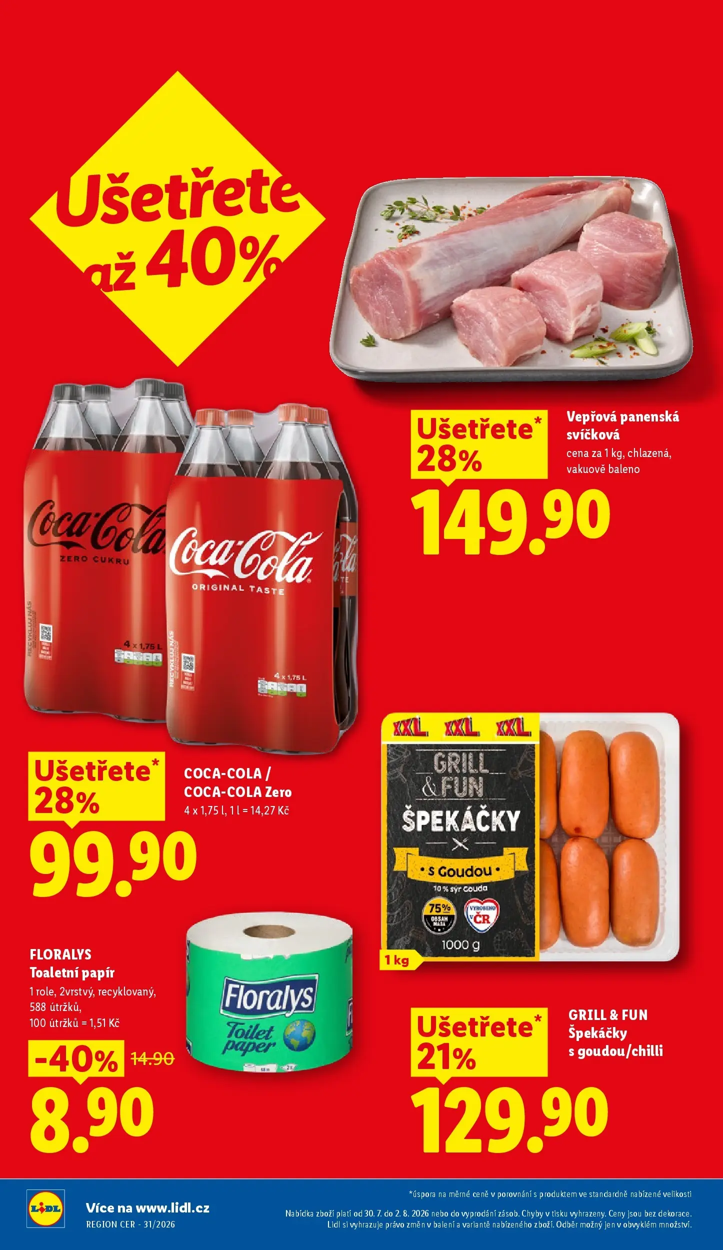 Lidl leták od 30.07.2026 - Nový akční leták | Strana: 2 | Produkty: Sýr, Špekáčky, Toaletní papír