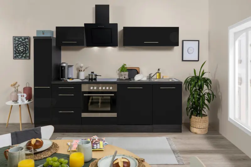 K&uuml;chenzeile Schwarz Hochglanz/ Grau mit Ger&auml;te B: 250 cm