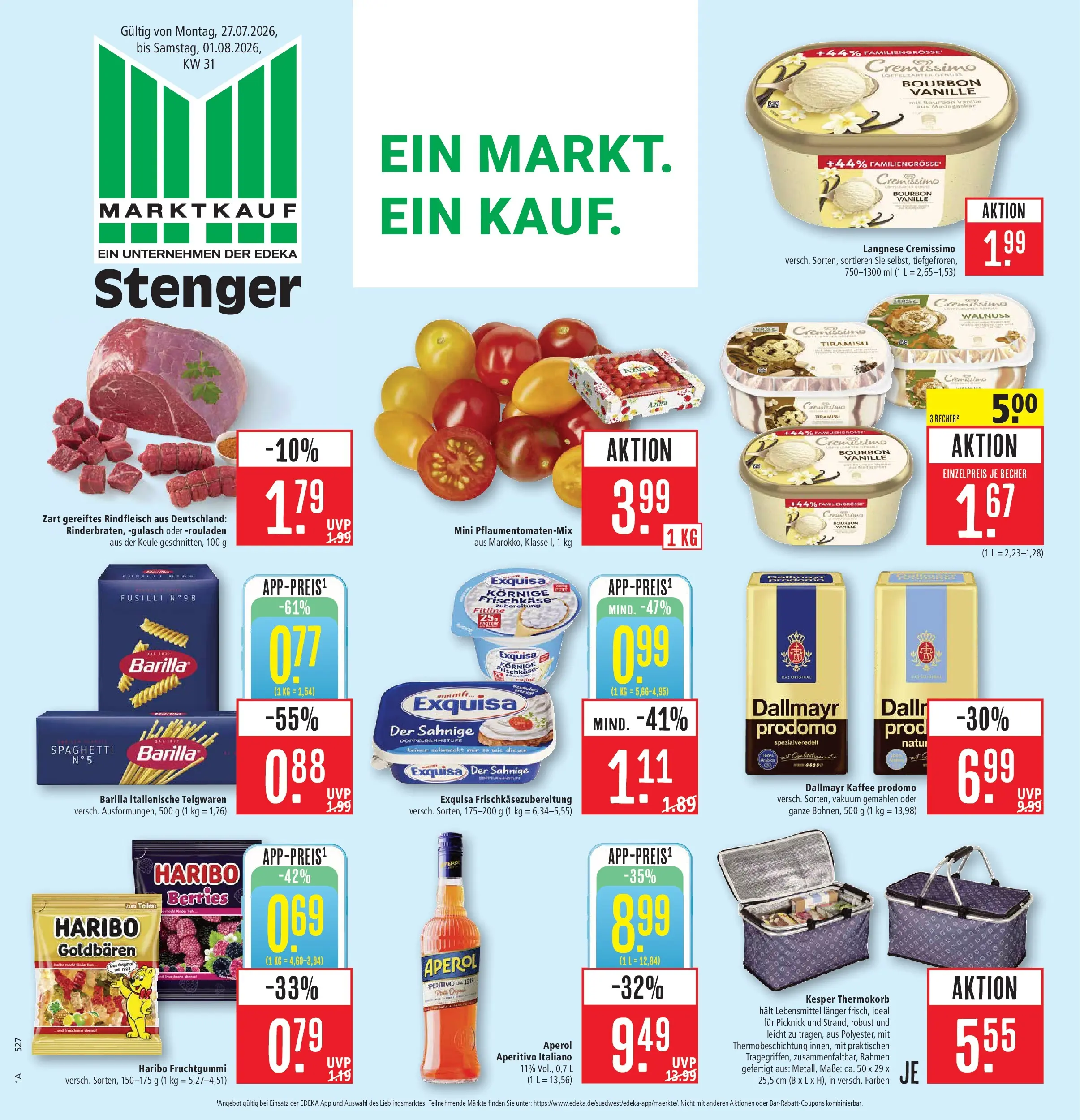 Marktkauf Prospekt Aschaffenburg (ab 27.07.2026) » Angebote online | Seite: 1 | Produkte: Barilla, Dallmayr, Rindfleisch, Frischkase