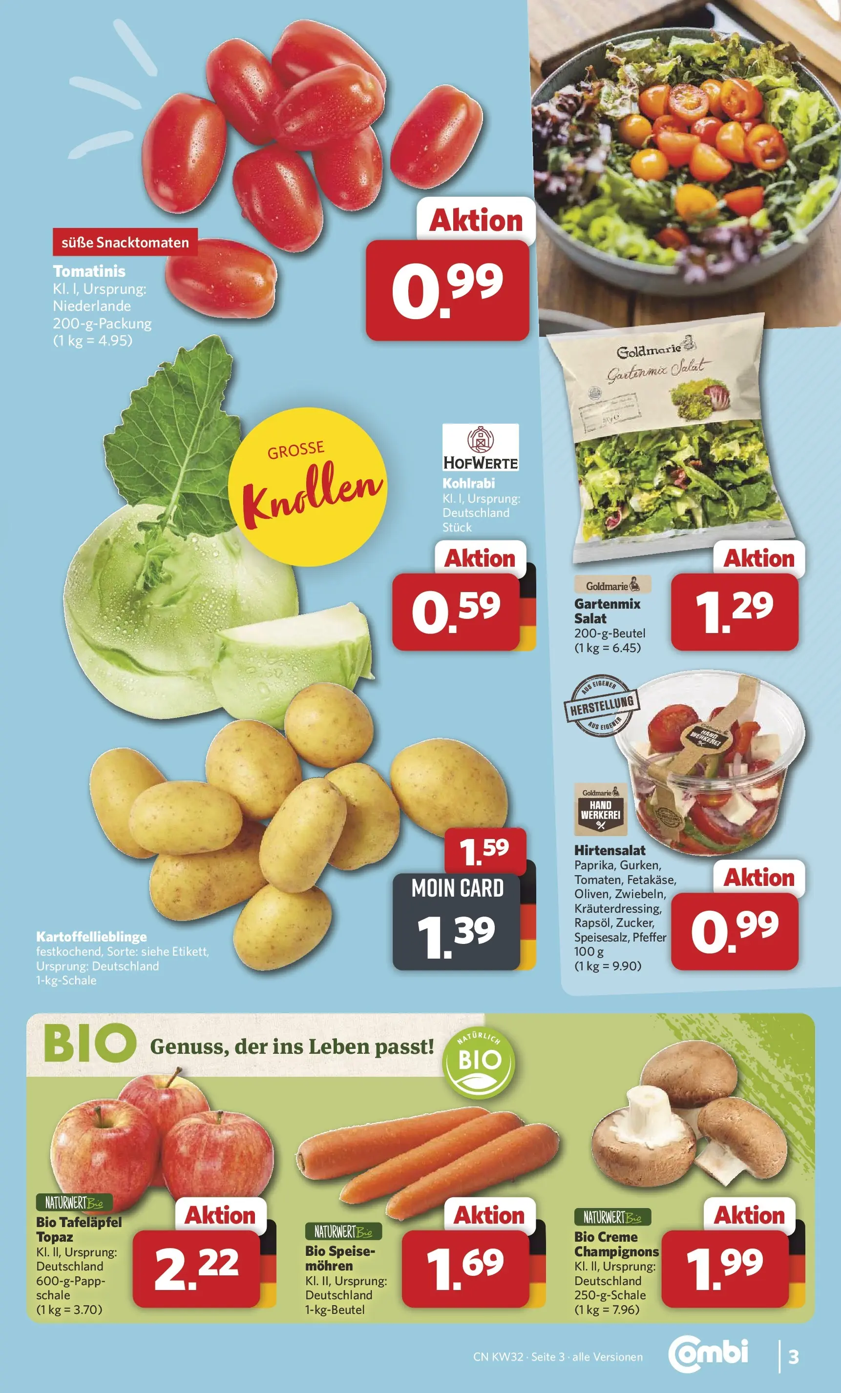 Combi Prospekt Celle (ab 03.08.2026) zum Blättern | Seite: 3 | Produkte: Creme, Champignons, Pfeffer, Salat