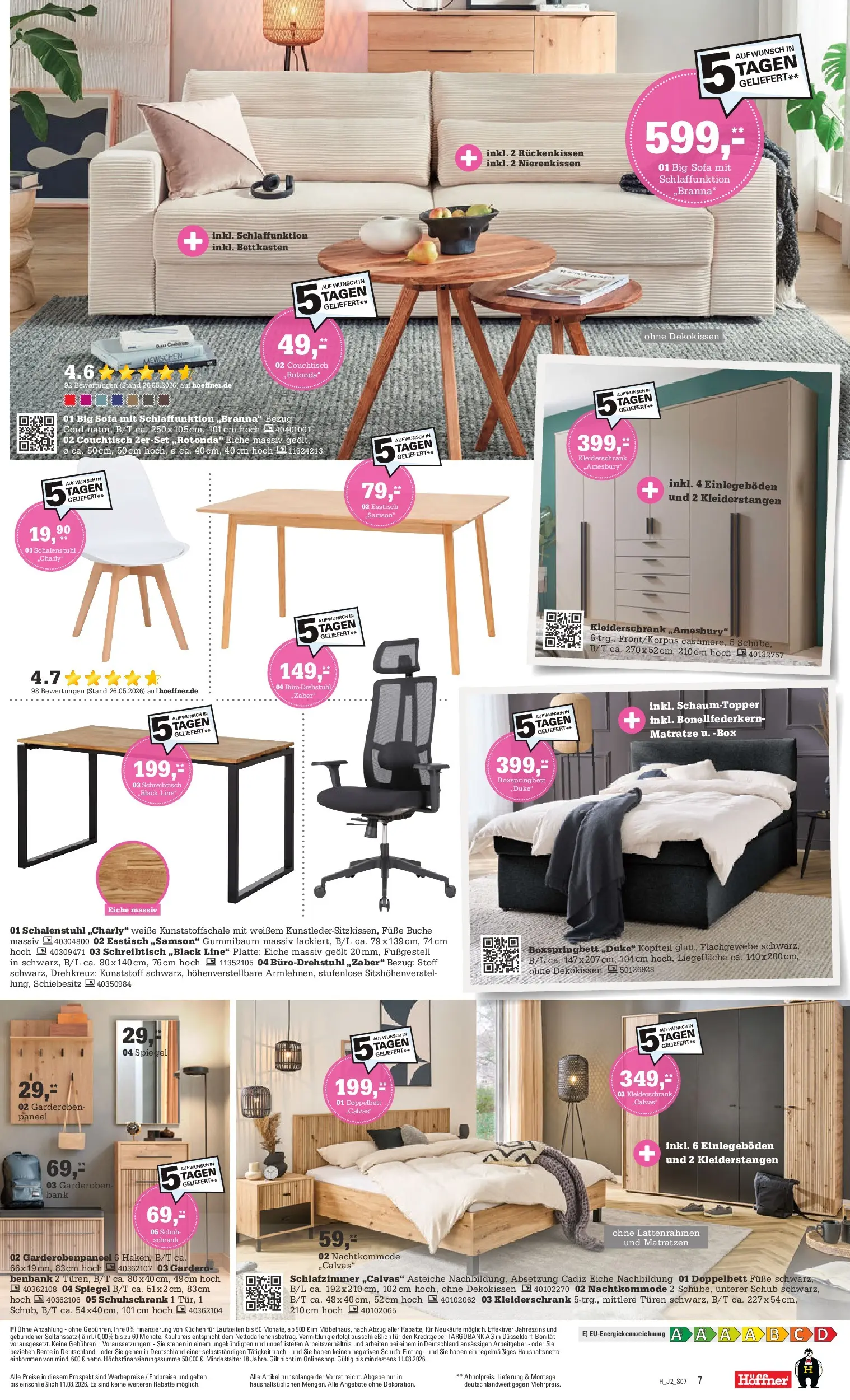 Höffner Prospekt Paderborn (ab 29.07.2026) zum Blättern | Seite: 7 | Produkte: Kleiderschrank, Doppelbett, Schrank, Kuchen